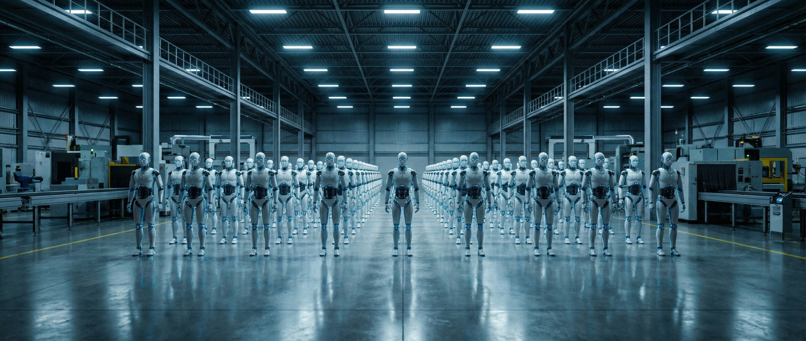 Industrial assembly line with humanoid robots working alongside machinery in a large Chinese factory