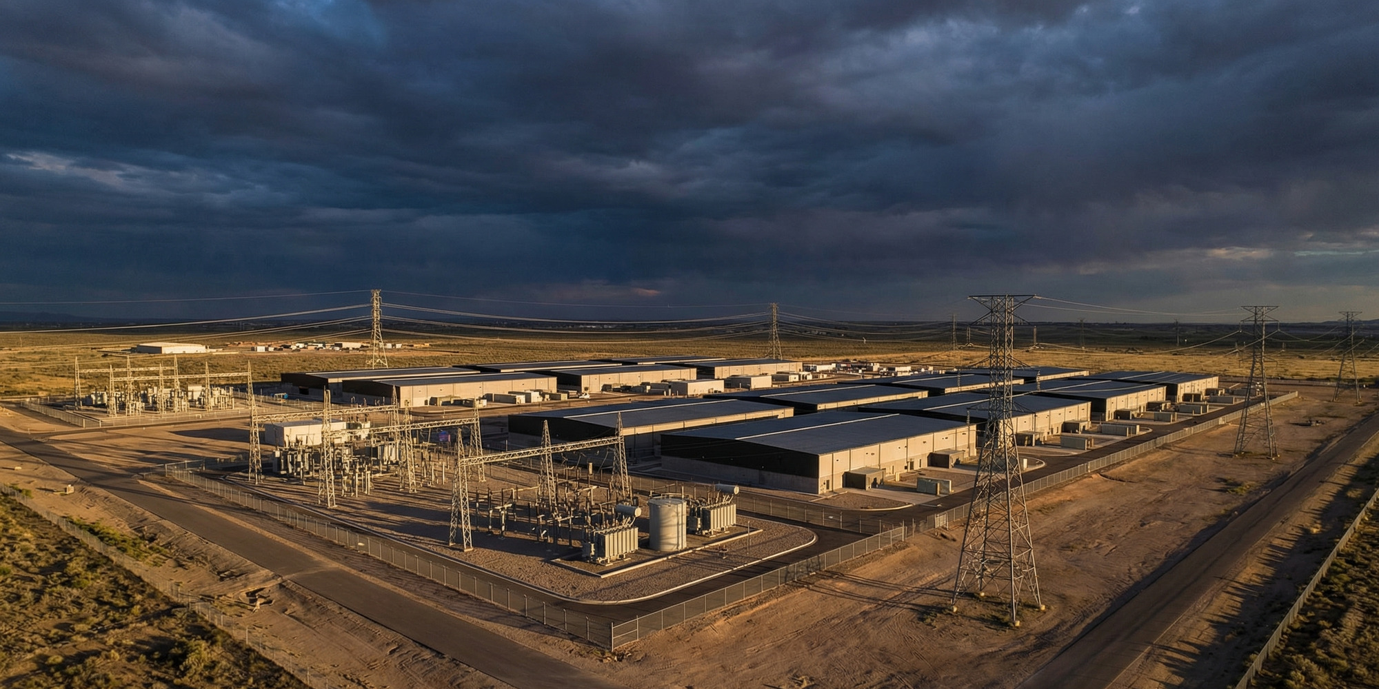 Aerial view of a hyperscale data center campus surrounded by high-voltage transmission towers and power substations under dramatic storm clouds