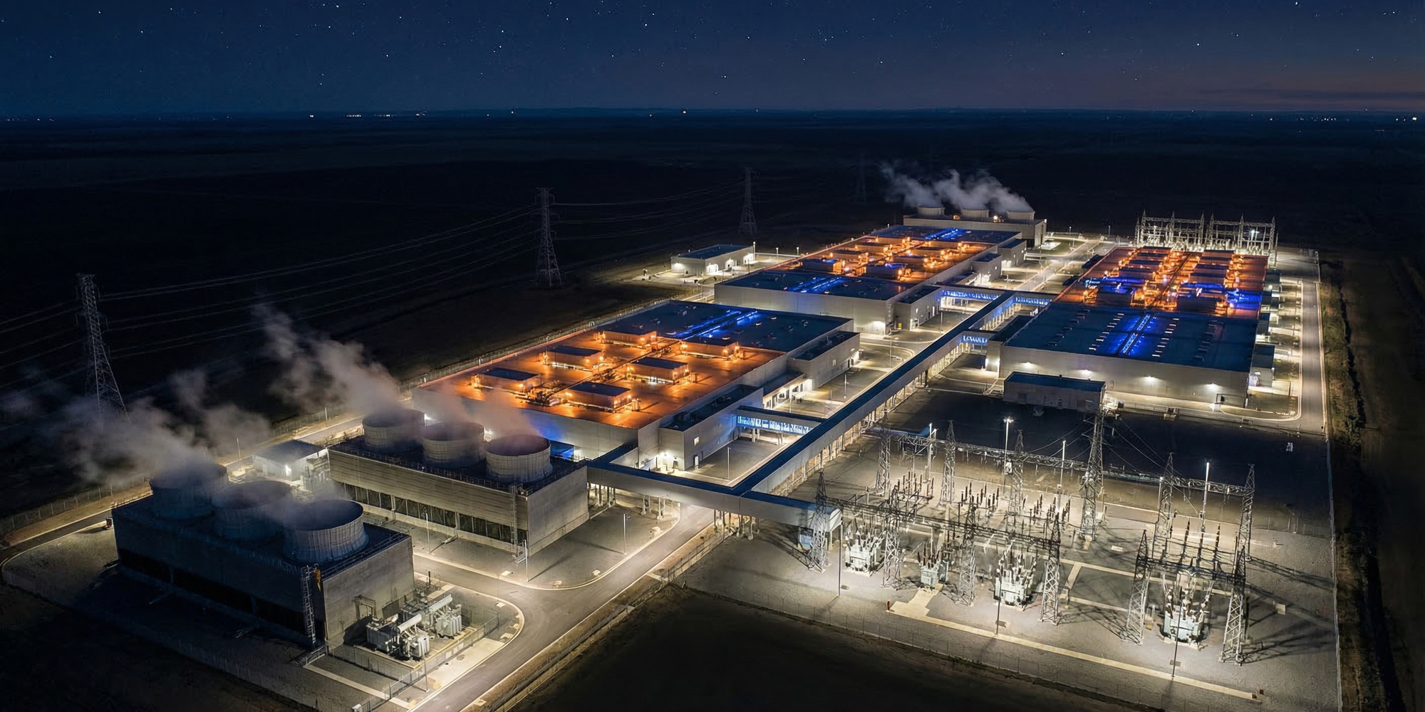 Aerial view of a sprawling hyperscale data center campus at night with glowing cooling towers, transformer yards, and power transmission lines stretching toward the horizon