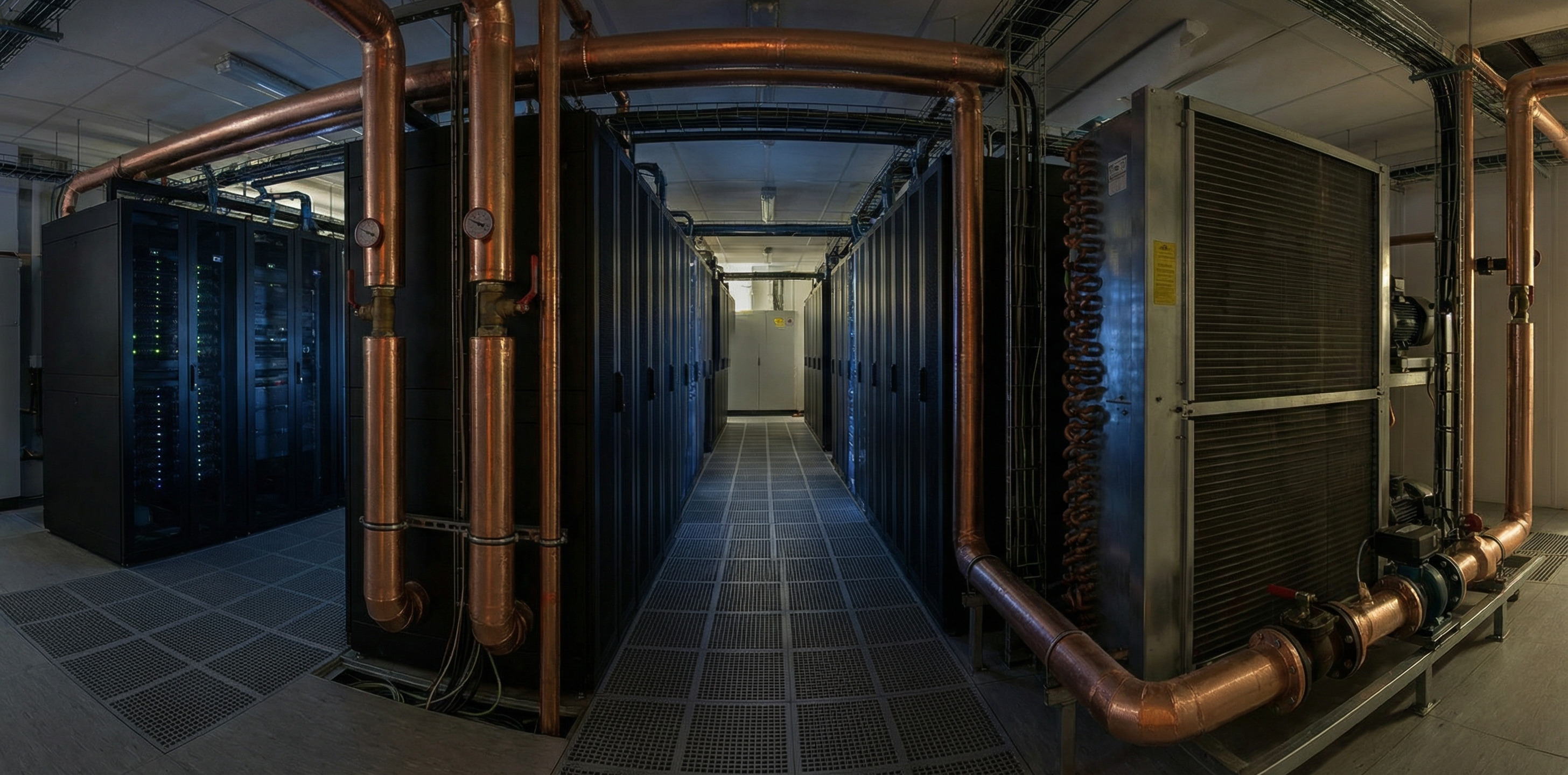 Close-up of liquid cooling pipes and heat exchangers inside a high-density data center
