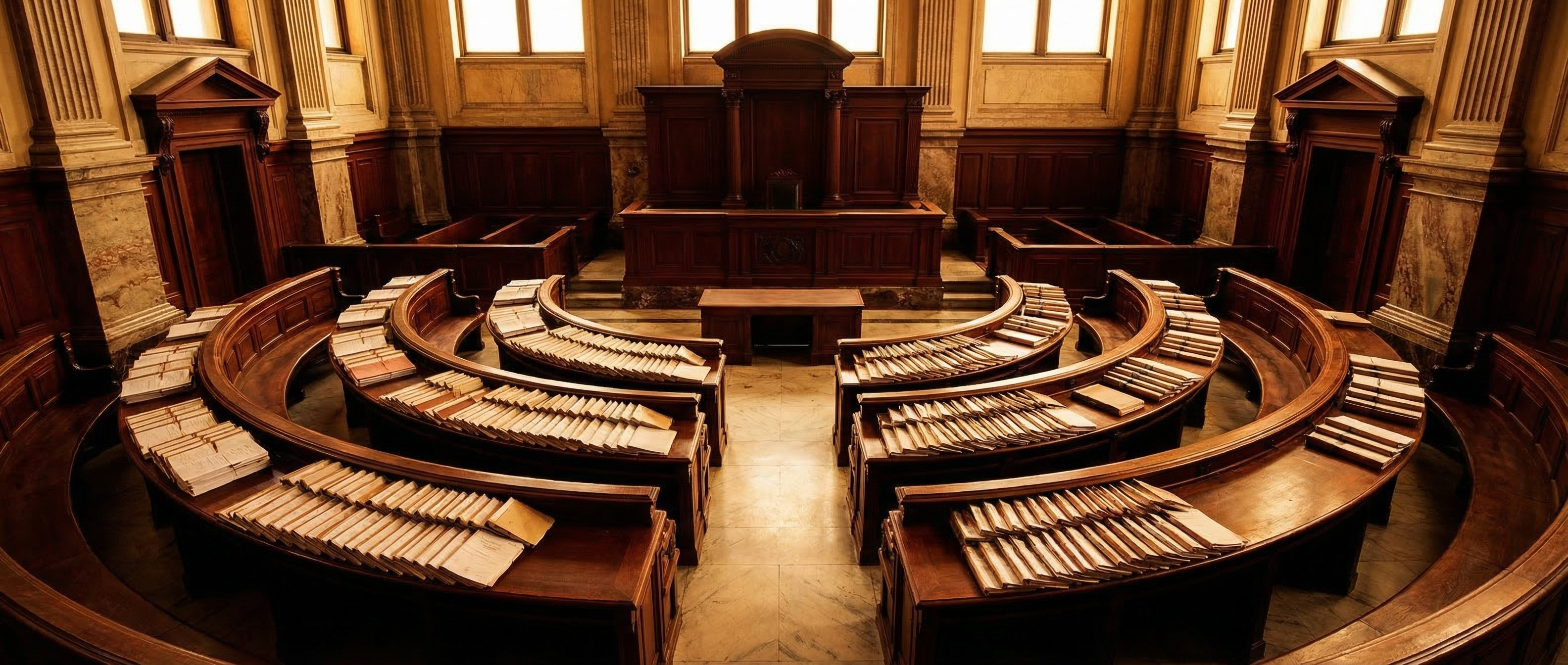 Abstract visualization of interconnected legal and technology networks — nodes representing different organizations linked by glowing lines converging toward a central point, rendered in deep blue and gold against dark background