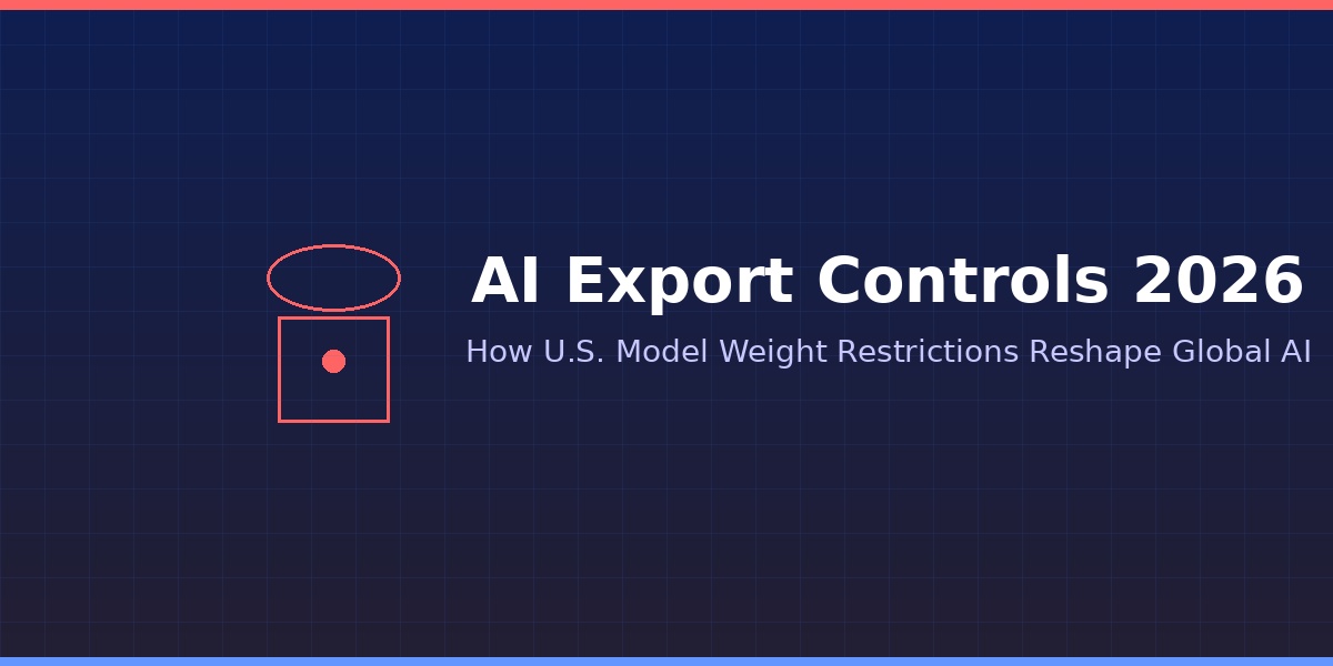 Illustration of AI model weights being locked behind a security gate, representing U.S. export control framework on advanced AI models
