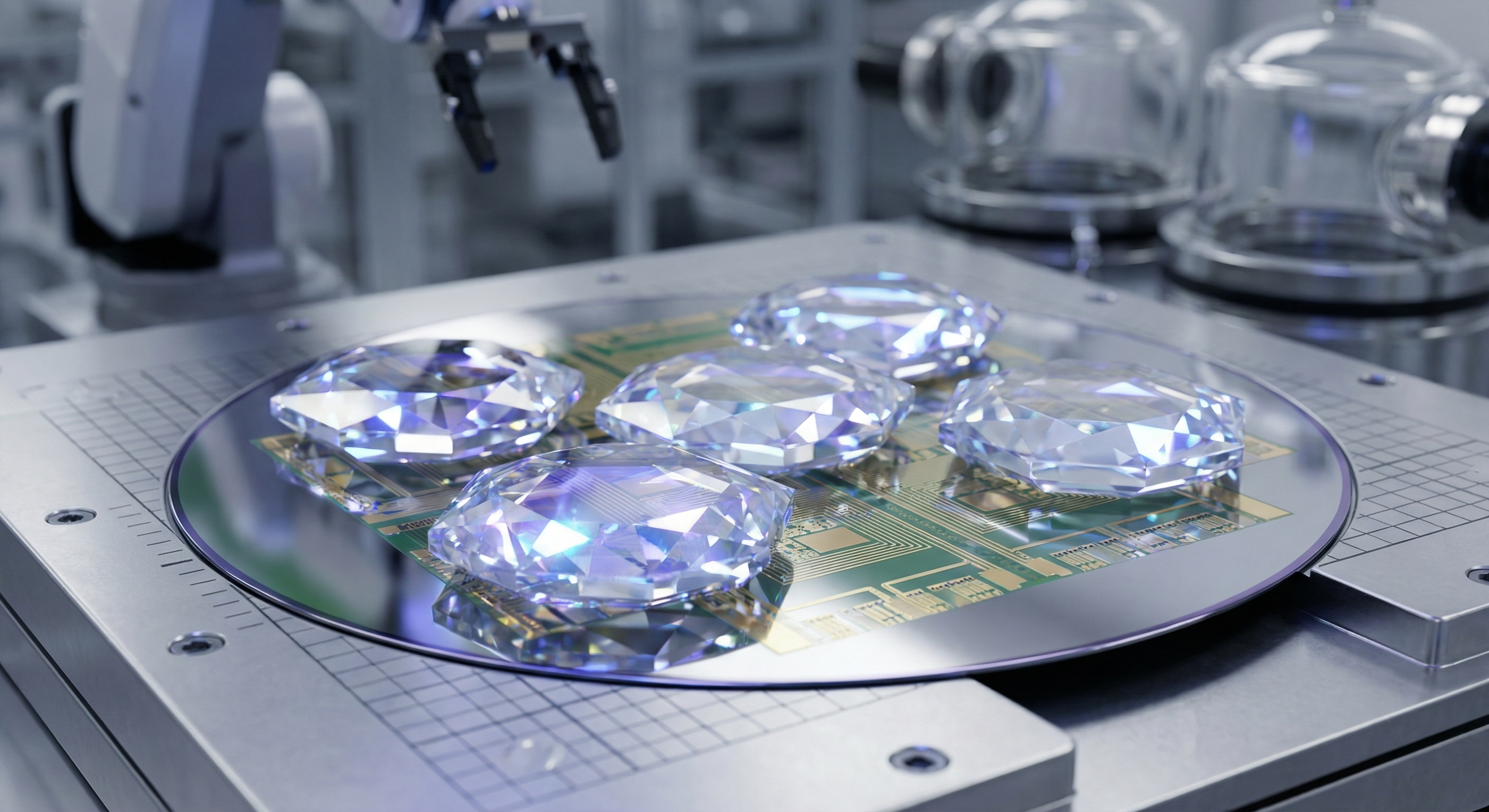 Synthetic diamond crystal wafers on a semiconductor manufacturing surface with geometric facets reflecting blue and violet light