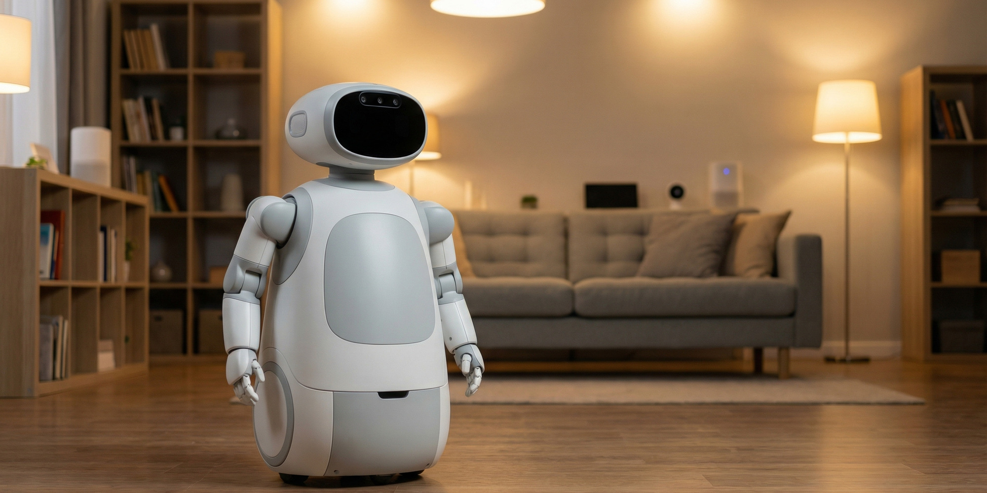 A compact friendly humanoid robot with smooth white panels stands in a warmly lit modern home living room with bookshelves and a couch in the background