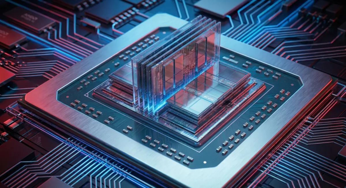 AMD Ryzen AI 400 processor chip alongside a diagram of 3D stacked memory and computing elements, symbolizing advanced AI hardware.
