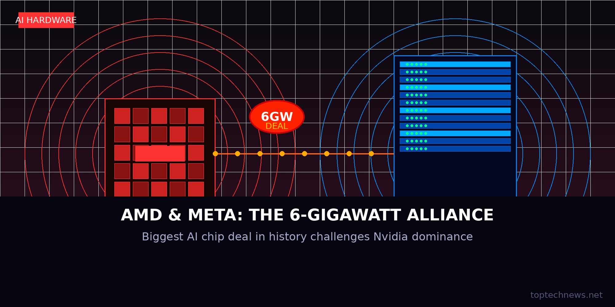 AMD Instinct MI450 GPU chip connected to Meta data center racks representing the 6-gigawatt AI infrastructure deal