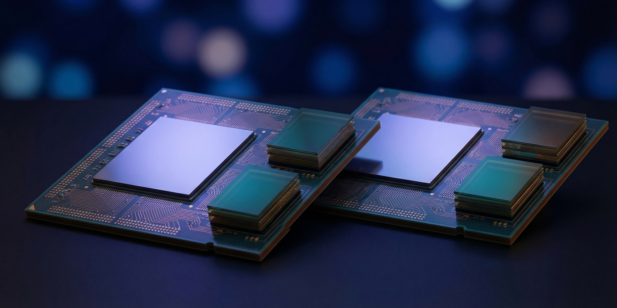 Two high-end AI GPU accelerator chips side by side on a dark matte surface with high-bandwidth memory stacks glowing in teal and amber light, intricate copper circuit traces visible under cool blue-violet illumination
