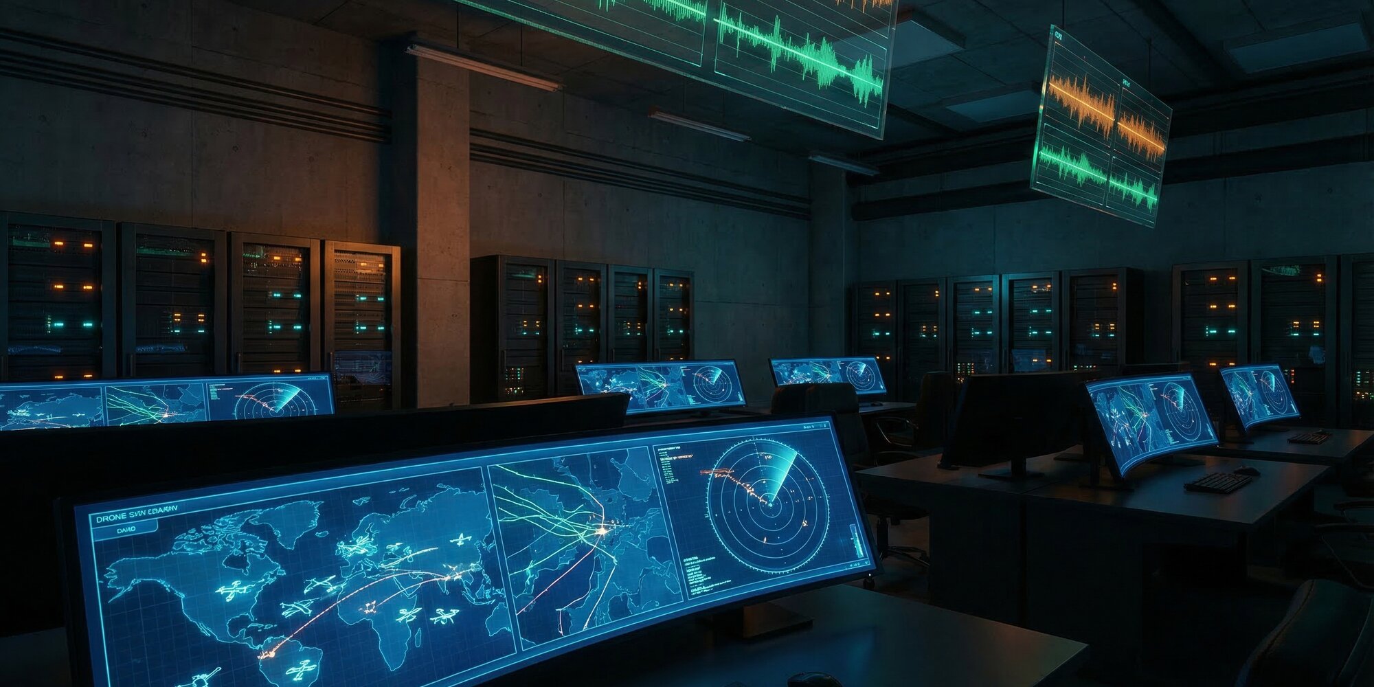 Military AI operations center interior with glowing tactical drone network displays, counter-UAS intercept visualizations, and advanced radar screens in a darkened command facility