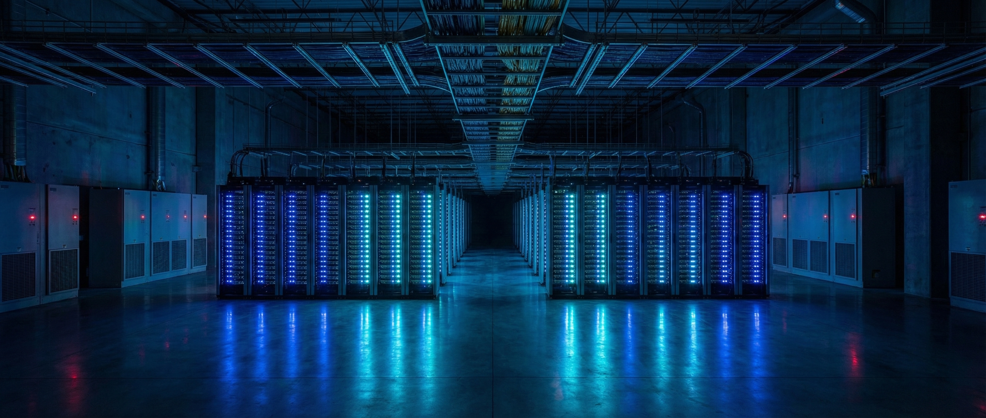 Long rows of glowing server racks inside a hyperscale data center, blue and cyan LED lights casting cool light down polished aisles
