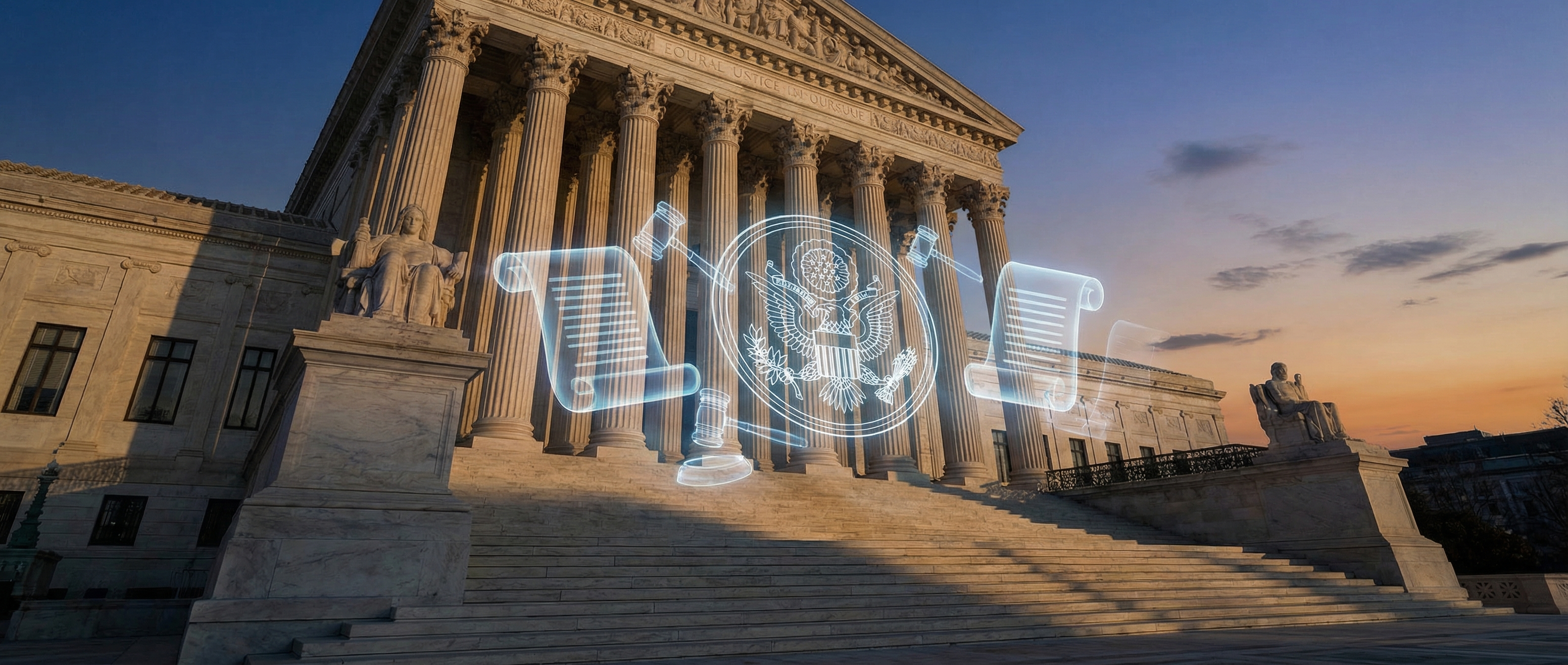 Federal courthouse with digital AI ethics documents overlaid