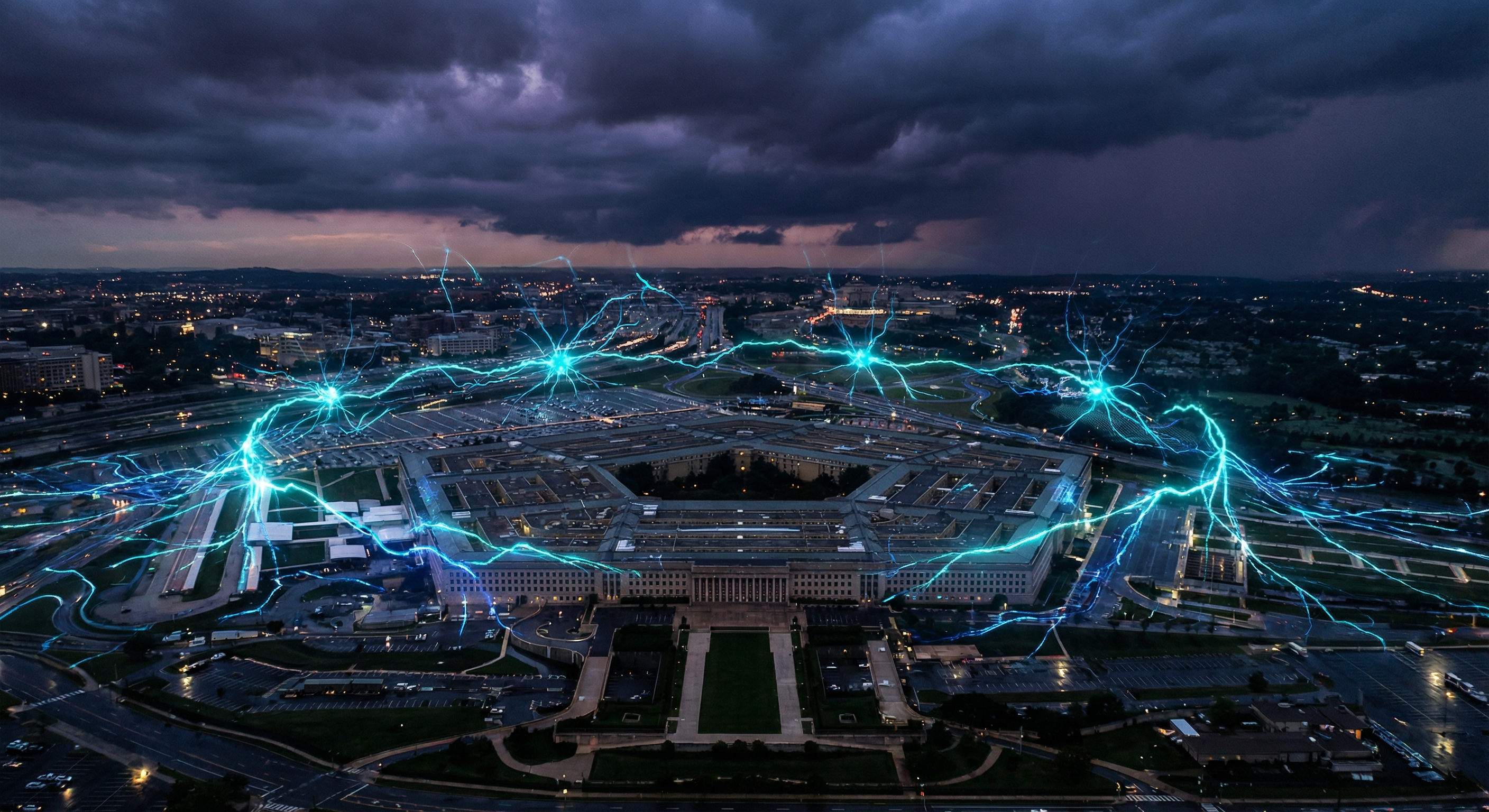 Pentagon building illuminated against a dark sky with digital AI neural network overlay symbolizing military AI technology conflict