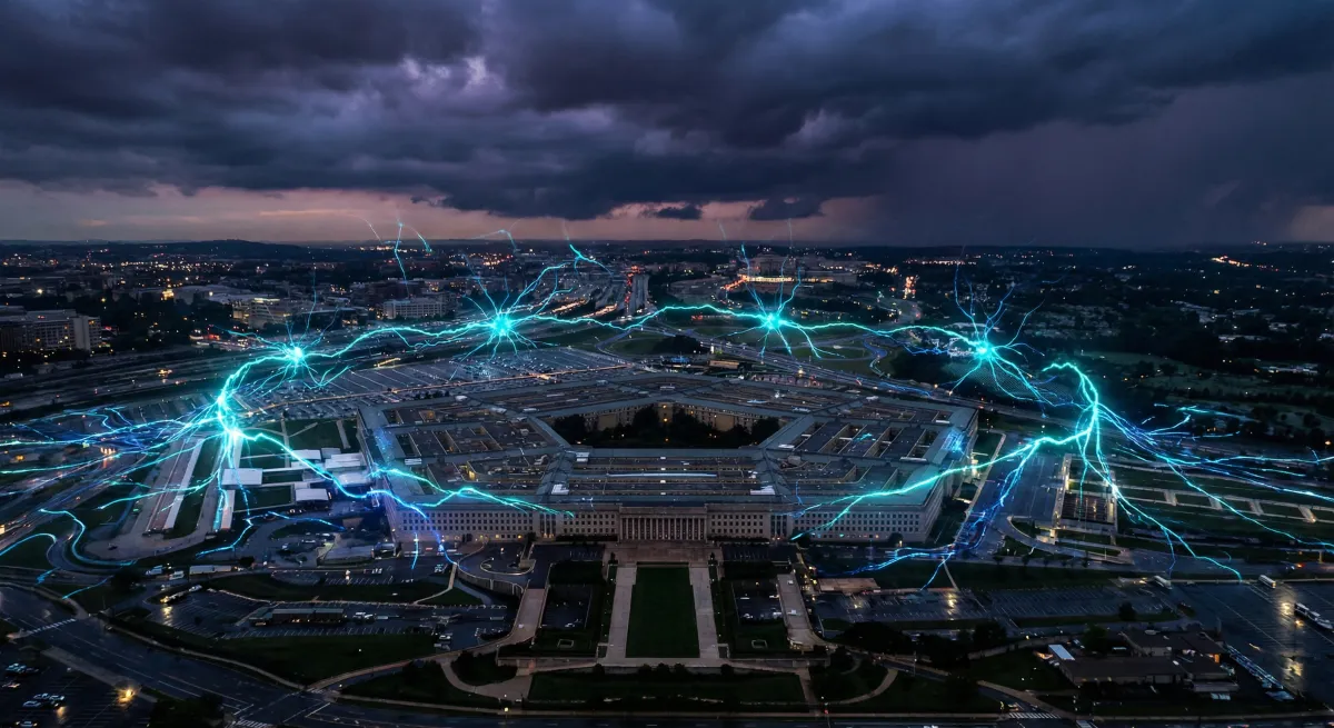 Pentagon building with AI neural network digital overlay symbolizing military AI conflict