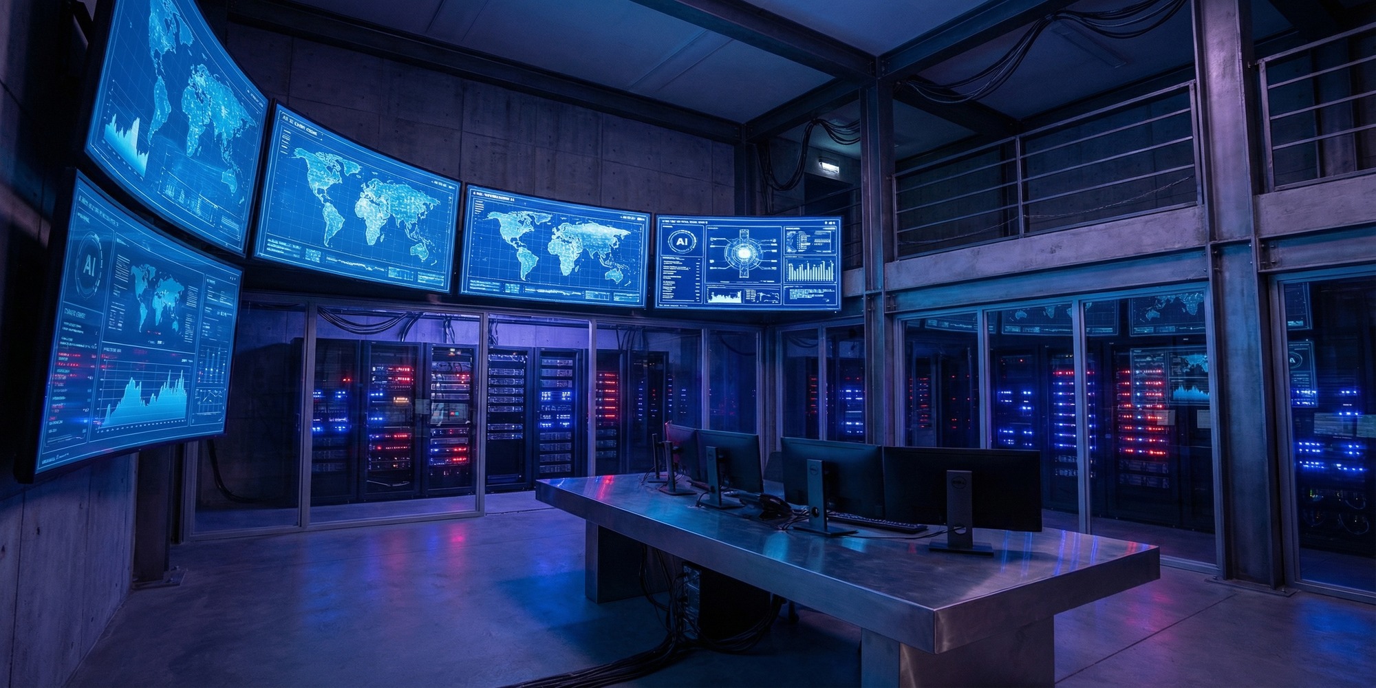 Darkened military intelligence command center interior with glowing blue AI interface screens and data visualizations on multiple monitors, server racks visible in background