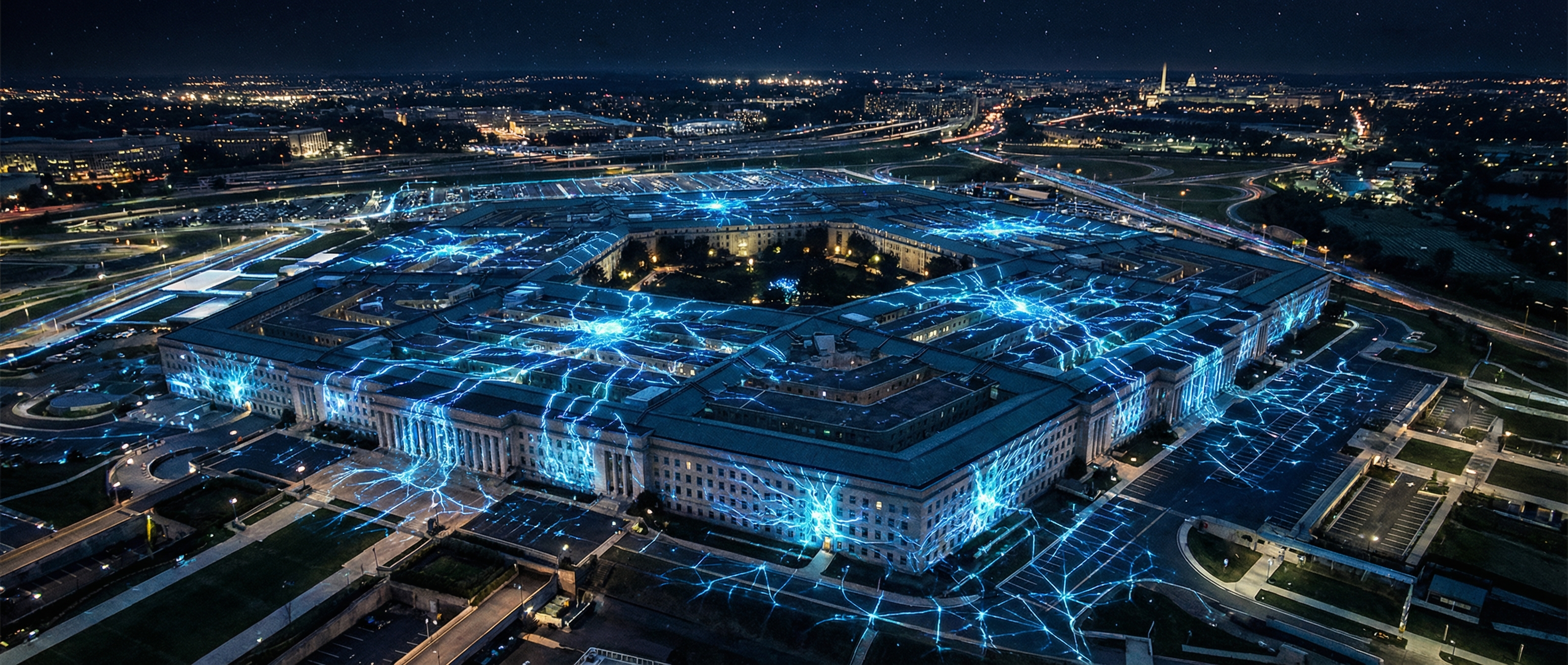 Aerial view of the Pentagon at night with AI neural network overlays
