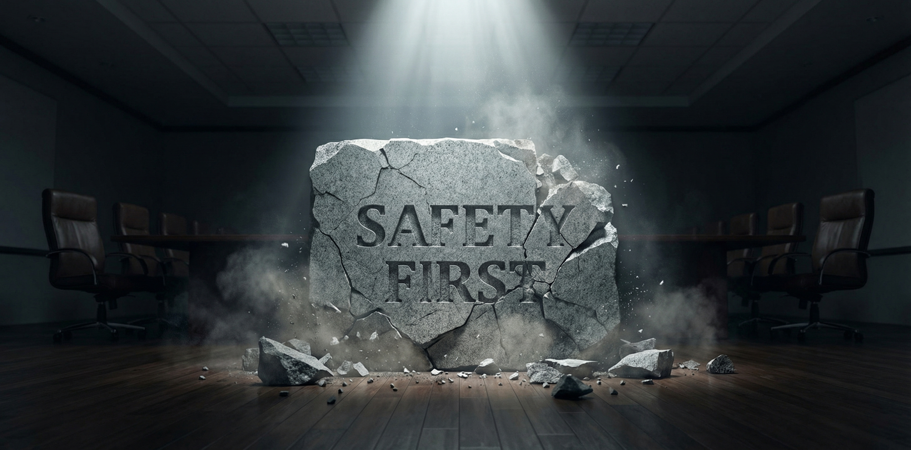 Cracked foundation stone with safety promise chiseled in, crumbling apart under dramatic spotlight — symbolizing the collapse of AI industry self-governance pledges