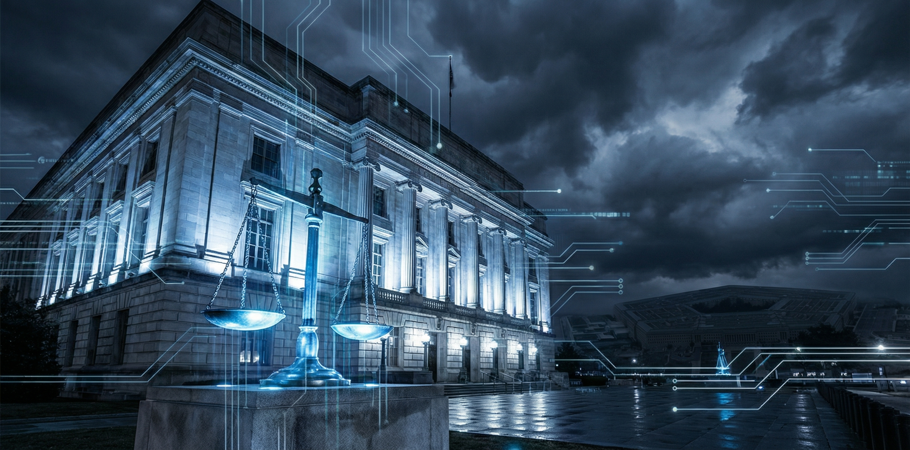 Federal courthouse at night with Pentagon silhouette in background — Anthropic sues Pentagon over AI weapons policy