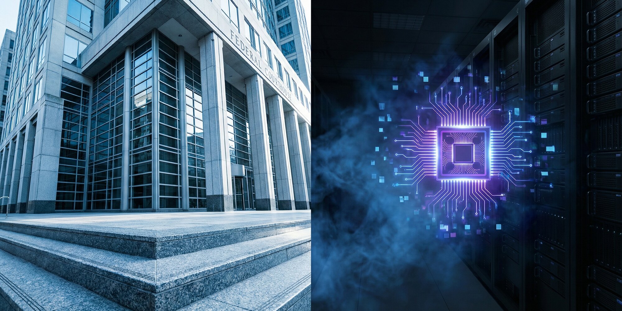 Split composition of a modern federal courthouse exterior in blue-white light beside a dark server room with a glowing AI circuit chip emanating violet light through digital smoke