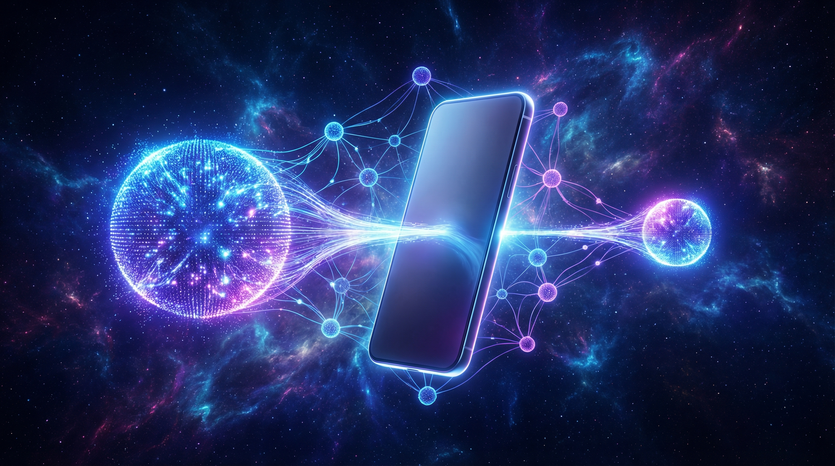 Abstract visualization of AI model distillation — a large glowing neural network node connected by luminous data streams to a smaller condensed node, converging into a sleek smartphone device against a deep space background