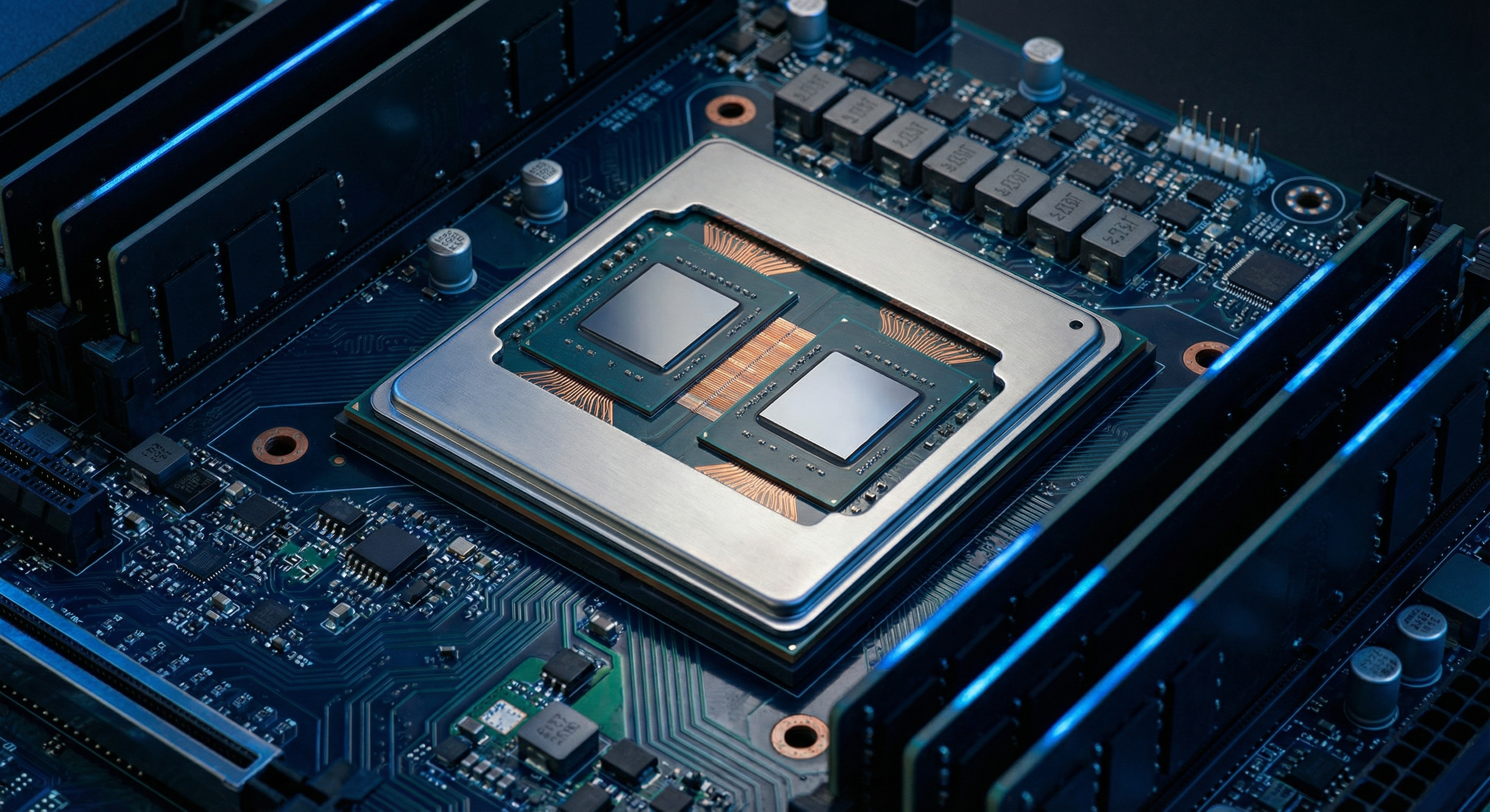 Dual-die server CPU processor mounted on a dark circuit board surrounded by DDR5 memory modules with blue LED accent lighting