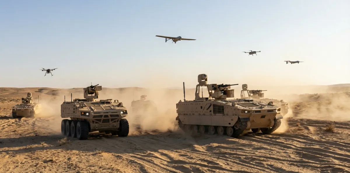 US Army autonomous ground vehicles and drones in training