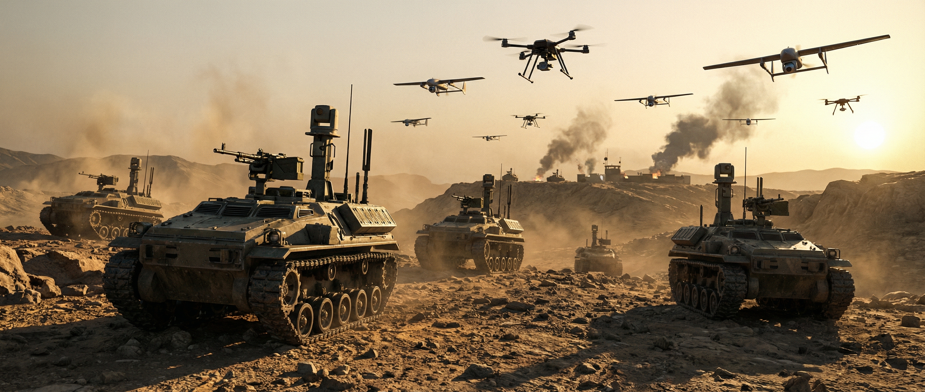 Autonomous military robots and drones on battlefield