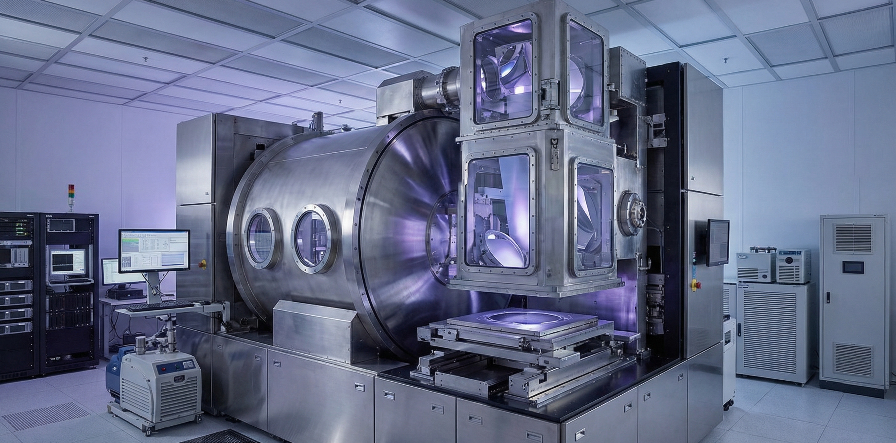 High-precision extreme ultraviolet lithography machine inside a semiconductor clean room facility with aluminum vacuum chambers and optical lens towers bathed in ultraviolet light