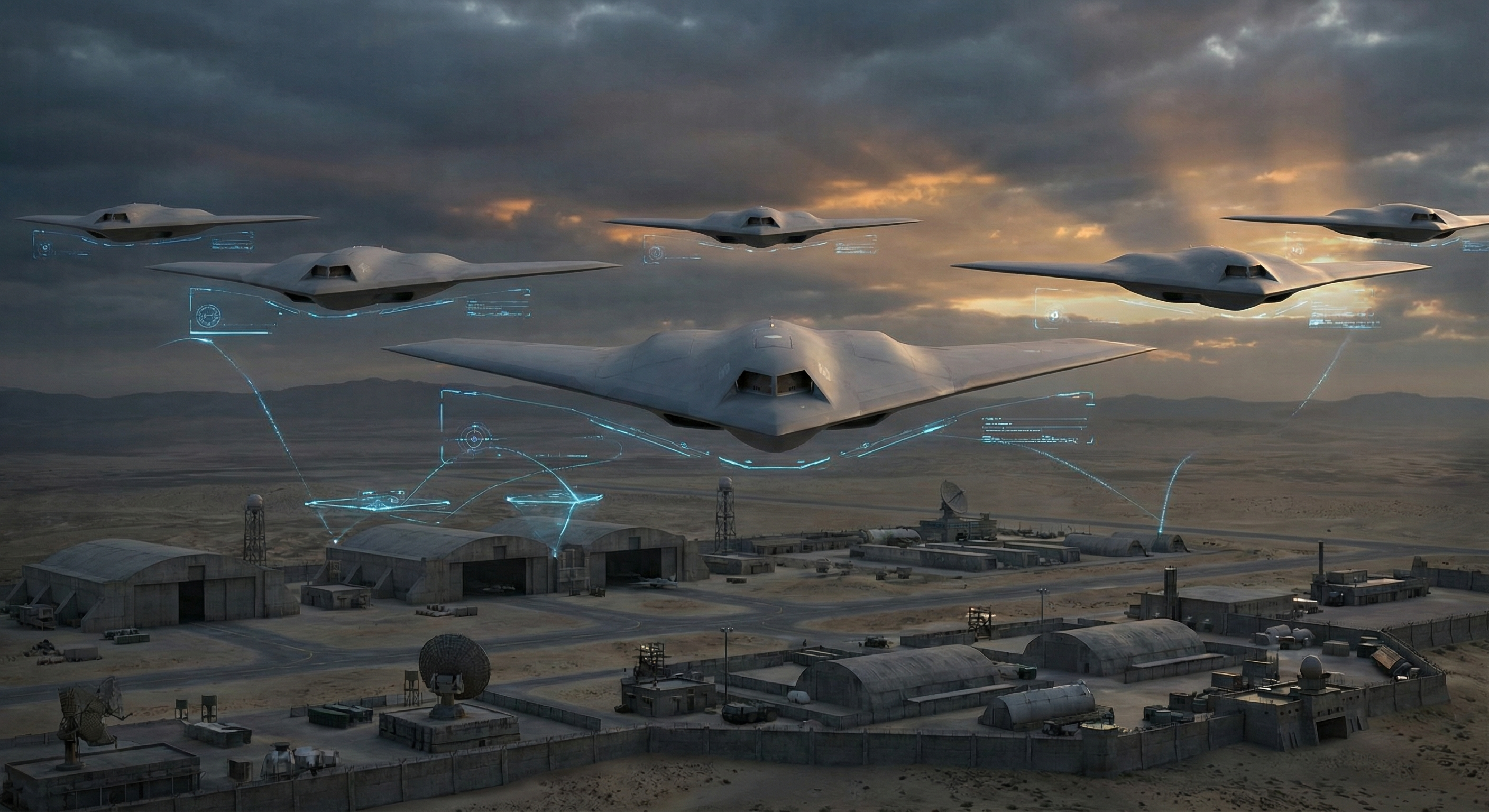 Advanced autonomous military drones in flight formation