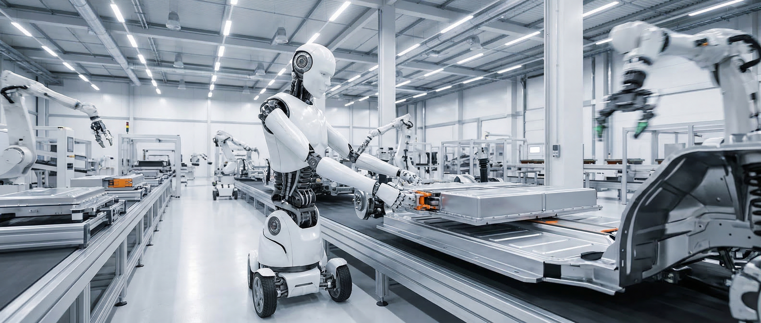 A sleek wheeled humanoid robot precisely positions a high-voltage battery module on an automotive assembly line in a brightly lit German factory
