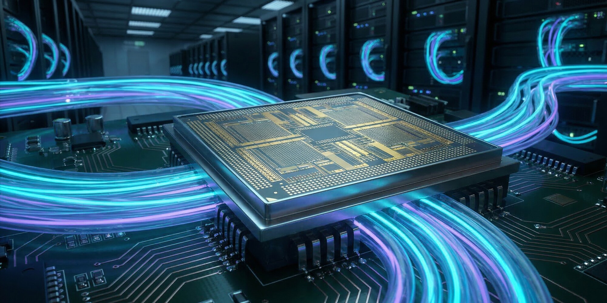Extreme close-up of a large, complex semiconductor switch chip with dense circuit pathways and glowing cyan fiber optic cables, mounted on a dark circuit board in a hyperscale data center environment