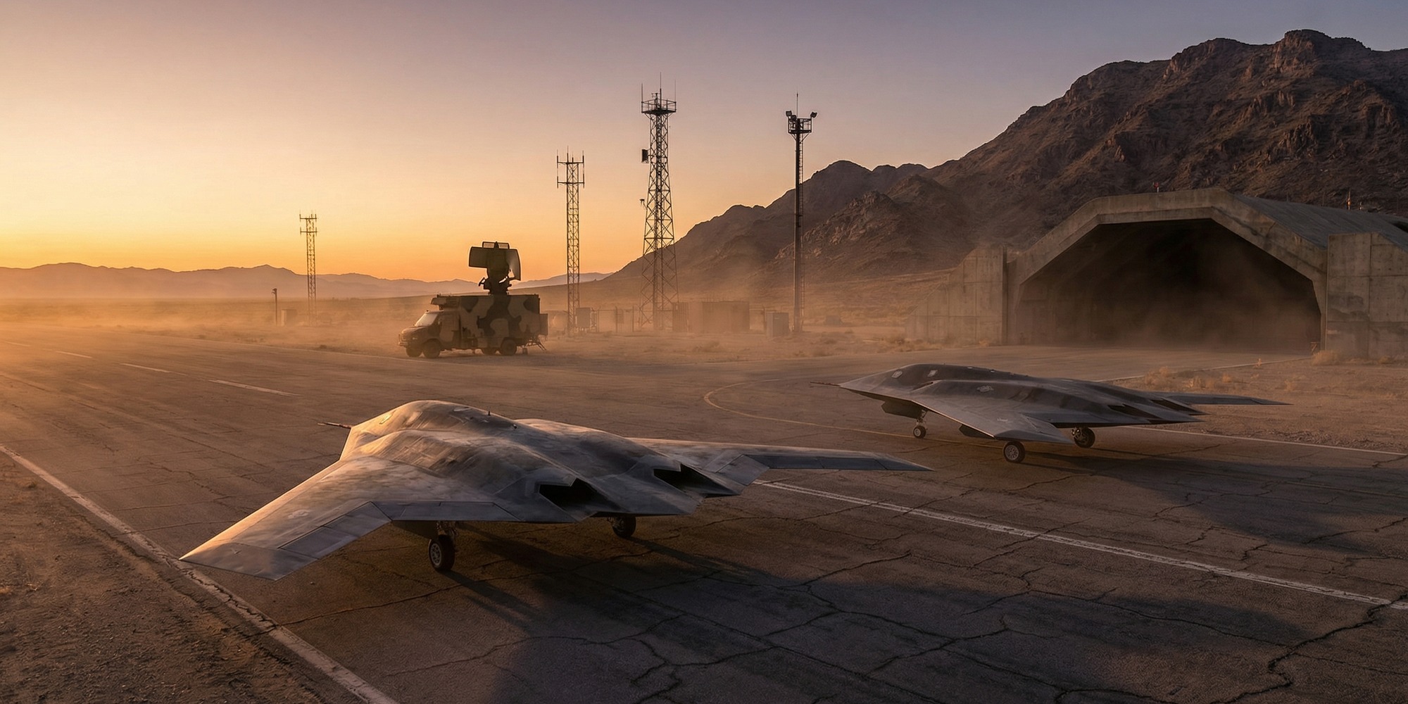 Two stealthy uncrewed fighter aircraft taxiing on a desert test range at dawn beside instrumented telemetry towers and hangars