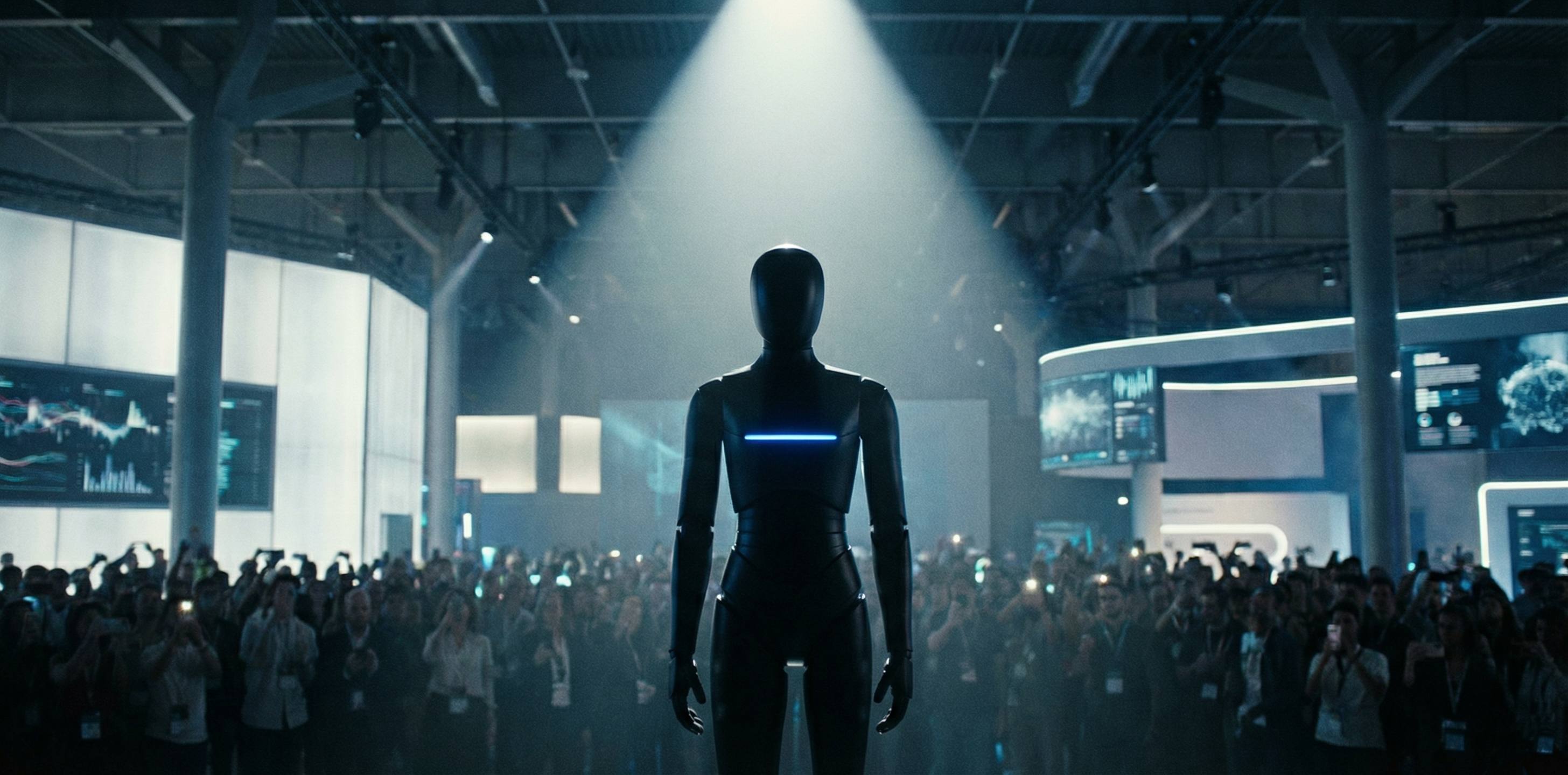 Sleek matte-black humanoid robot on stage at MWC Barcelona tech conference, blue LED chest strip glowing under dramatic spotlight