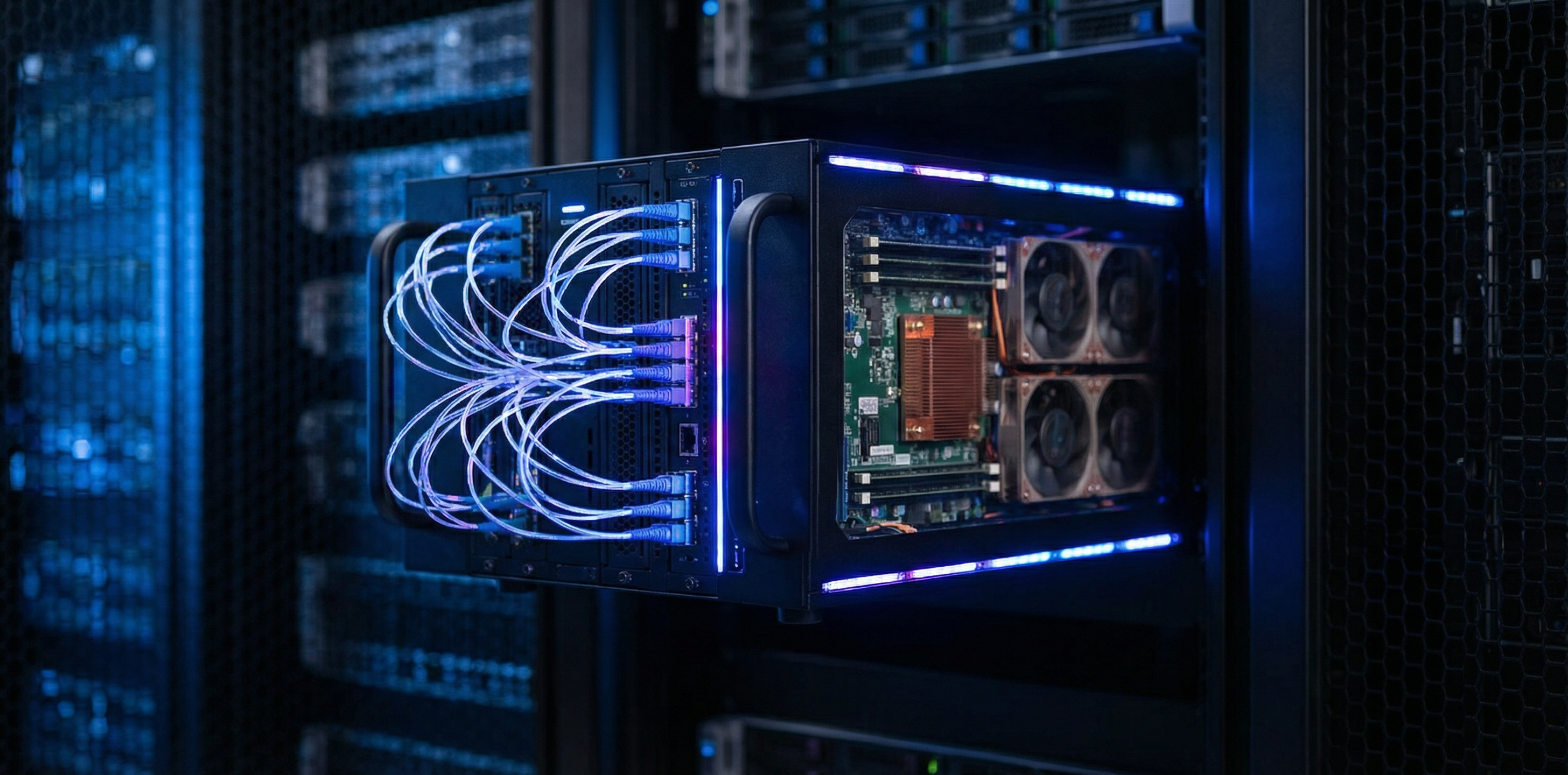 Compact edge computing server pod with fiber optic cables and blue LED indicators in a dark server room environment