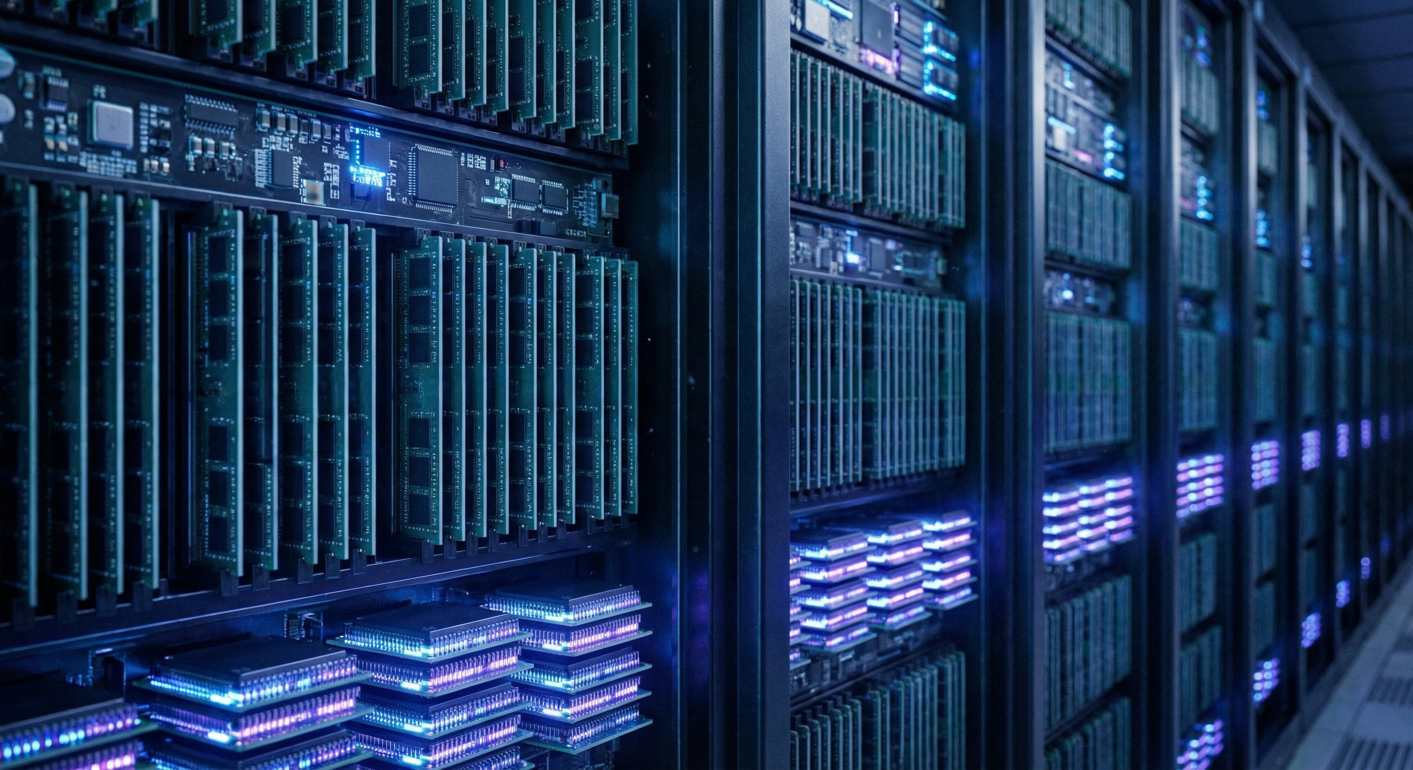 High-density server racks filled with memory modules inside a large-scale AI data center