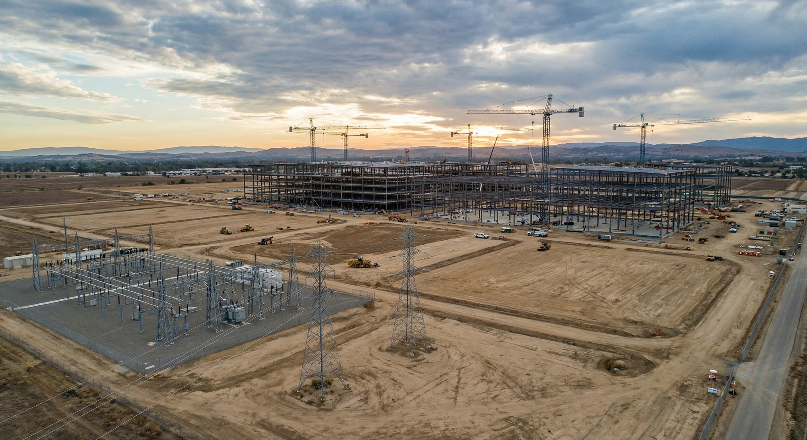 Data center construction site with power infrastructure and electrical grid