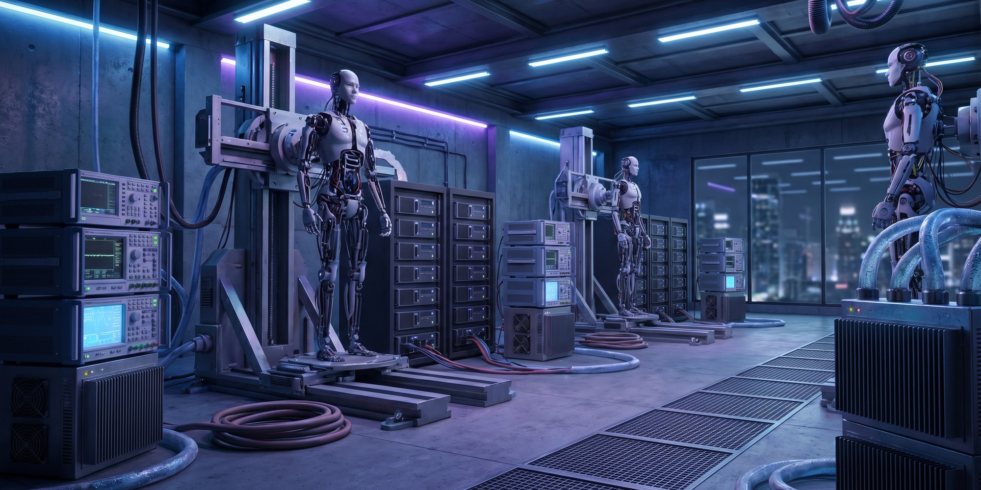 Humanoid robot platforms in an advanced industrial test bay connected to compact edge AI compute modules and thermal control hardware