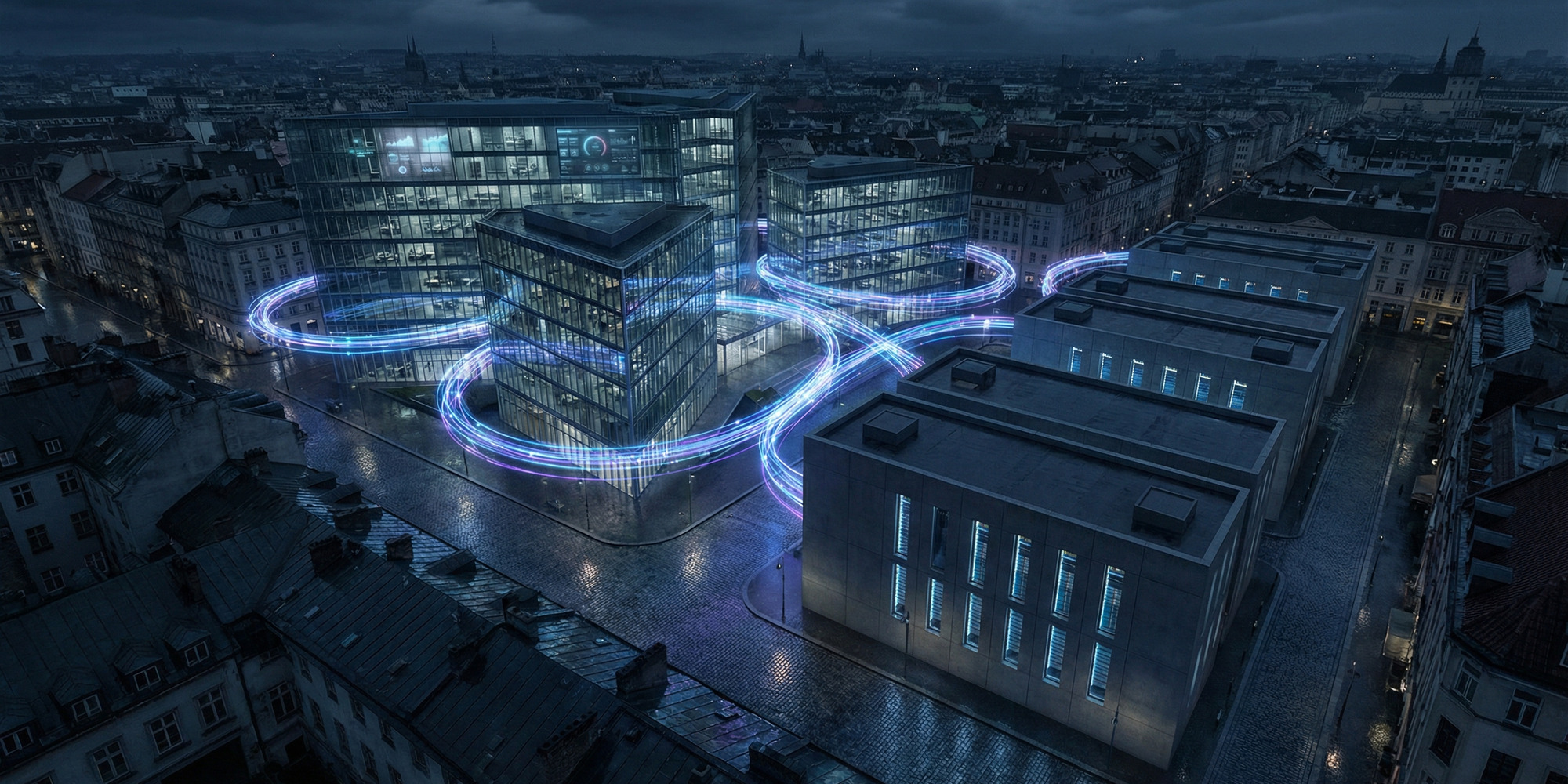 Night view of a modern European government district with interconnected data center buildings, secure network lines, and glowing compliance dashboards visible through glass facades