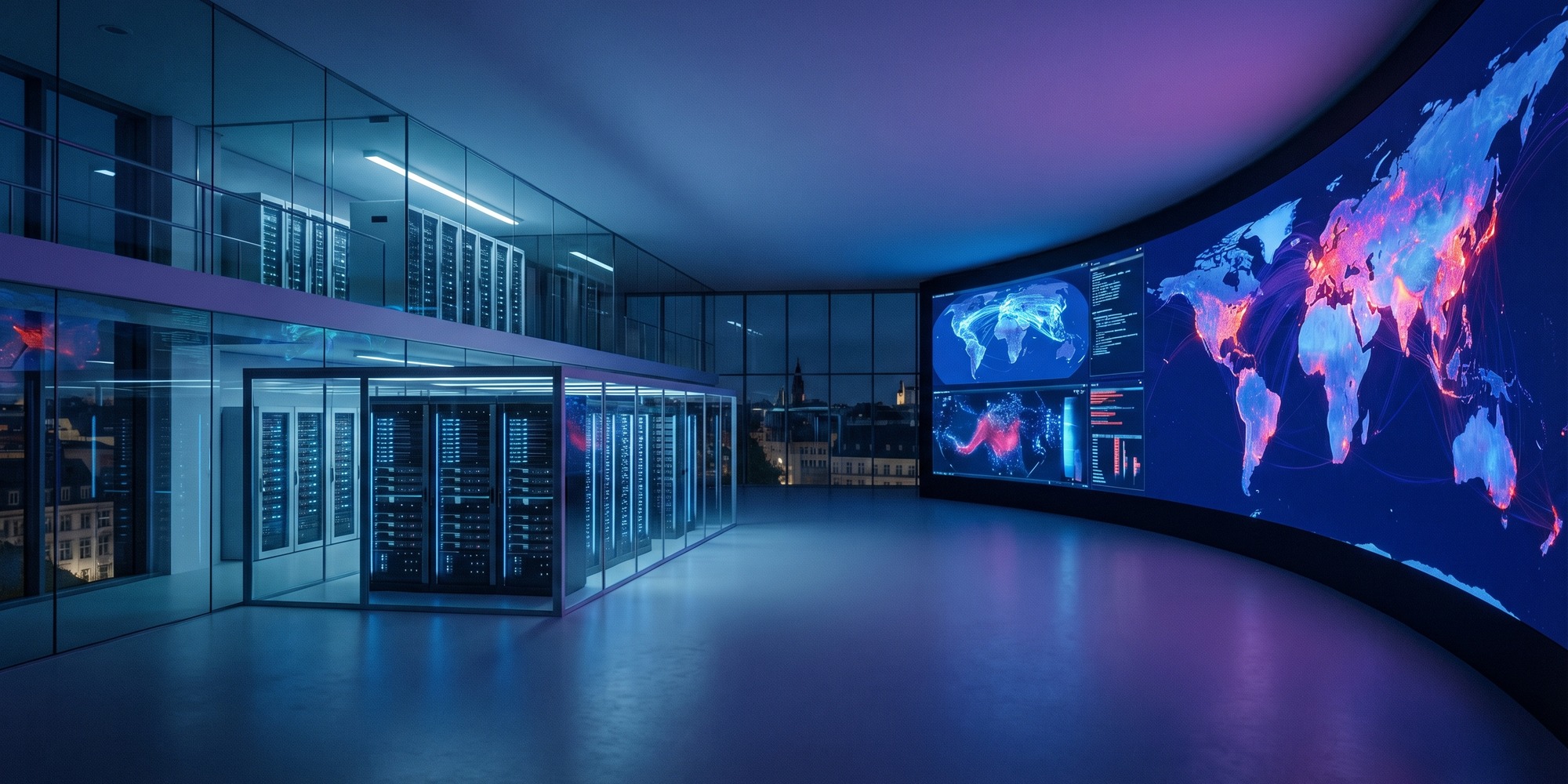 A European regulatory command center with large monitoring walls tracking labeled synthetic video, audio, and text streams across secure cloud infrastructure at night