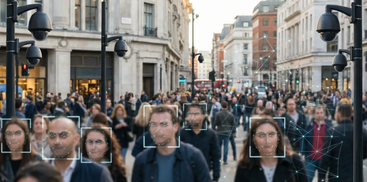 Facial recognition AI surveillance cameras in urban environment