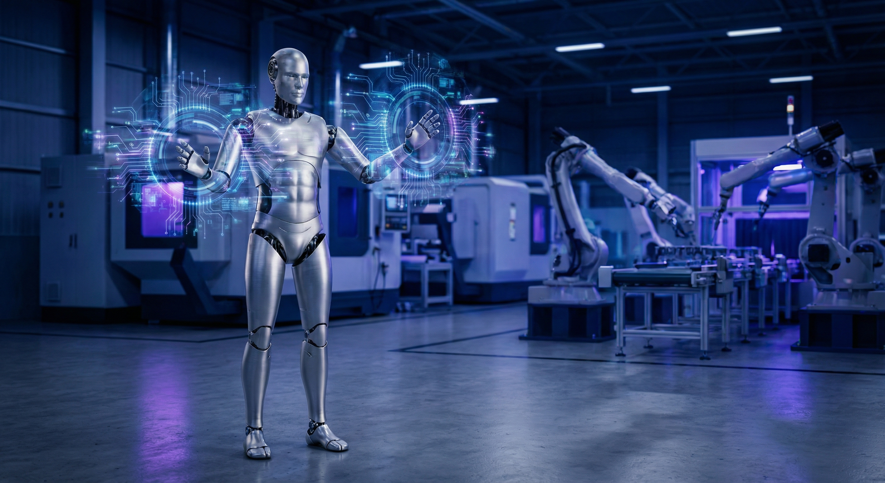 A sleek silver humanoid robot with articulated hands surrounded by glowing blue holographic data streams in a modern manufacturing facility