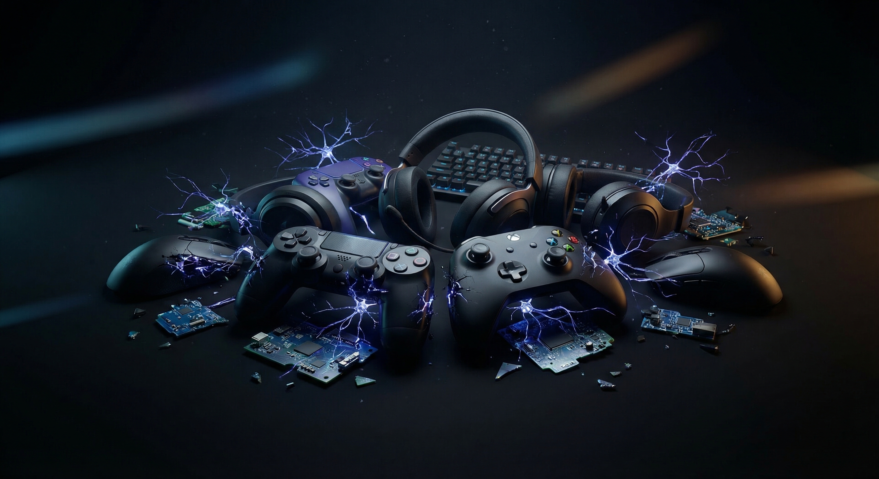 Game controllers and gaming peripherals surrounded by fragmented neural network nodes in electric blue and violet against a dark cinematic background, symbolizing the creative industry's resistance to generative AI