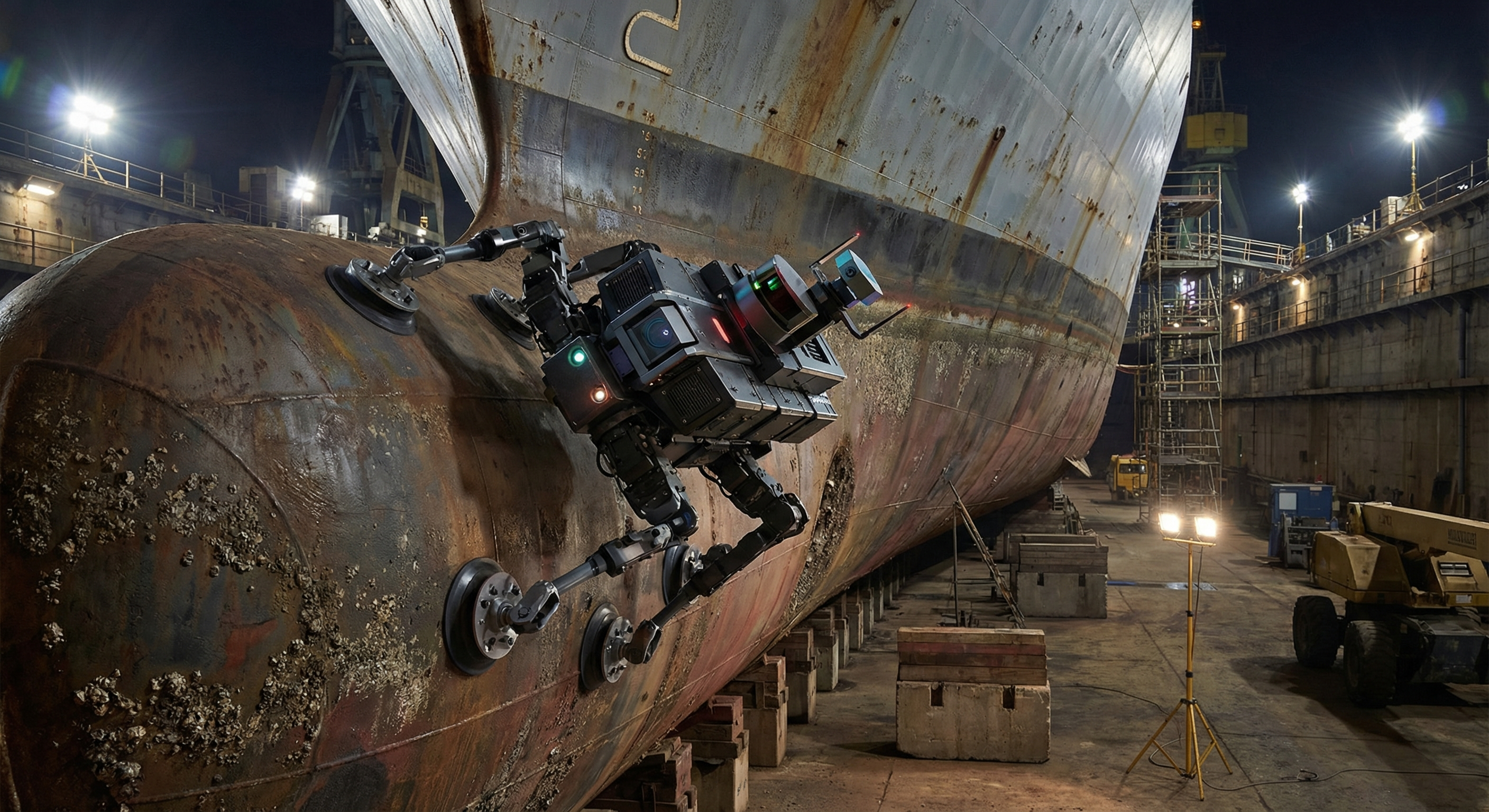 Autonomous wall-climbing inspection robot with articulated sensor arms attached to the curved steel hull of a naval warship in dry dock, scanning for structural defects