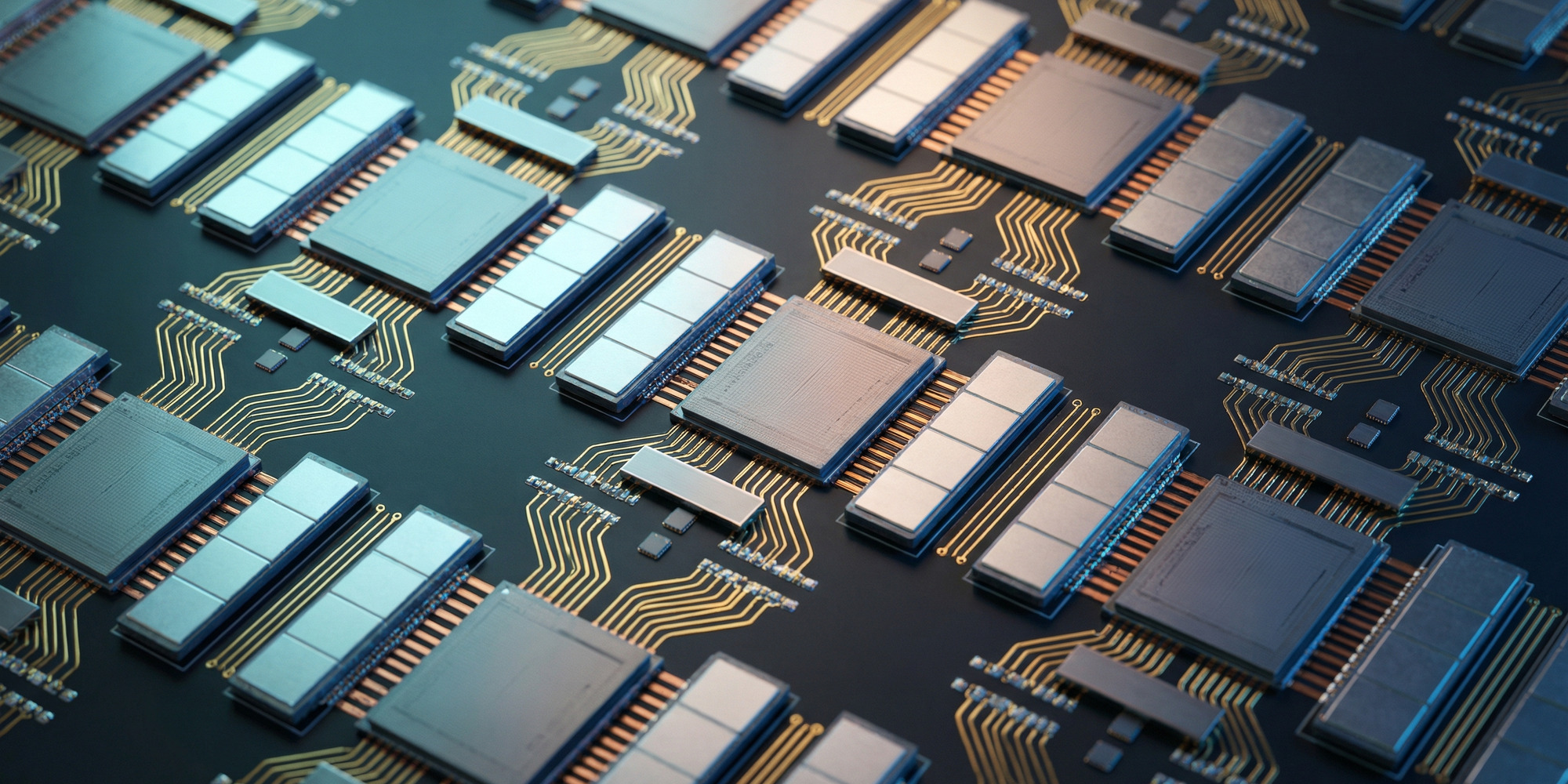 Close-up macro view of a custom AI accelerator chip array with dozens of silicon processor dies in a grid pattern, copper cooling channels, and high-bandwidth memory stacks under cyan and blue lighting