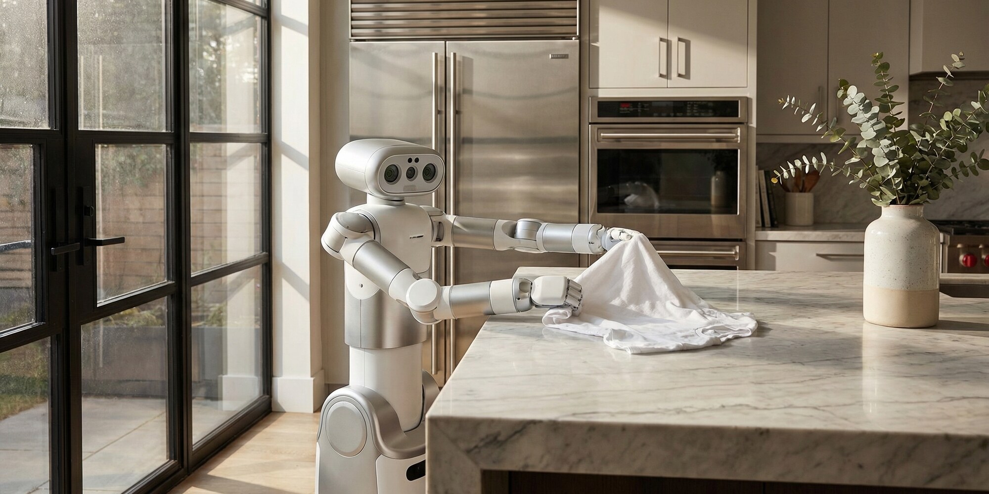 A sleek domestic robot with articulated arms folds laundry on a kitchen countertop in a modern home