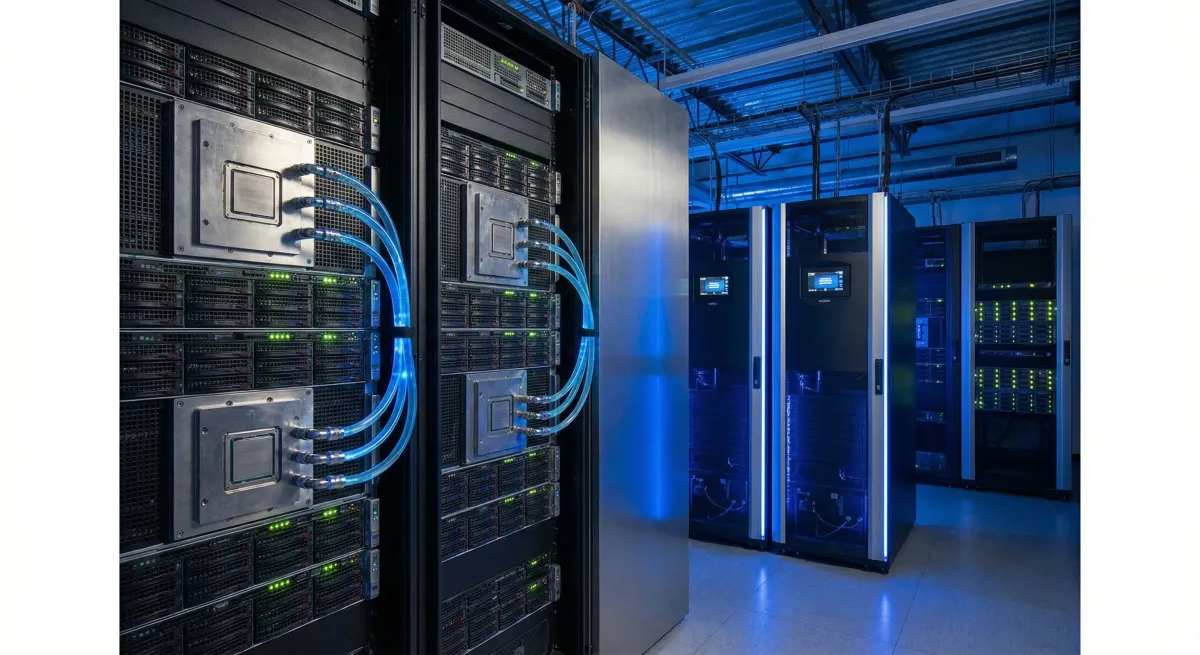 Modern AI data center with liquid cooling infrastructure using hot water immersion systems