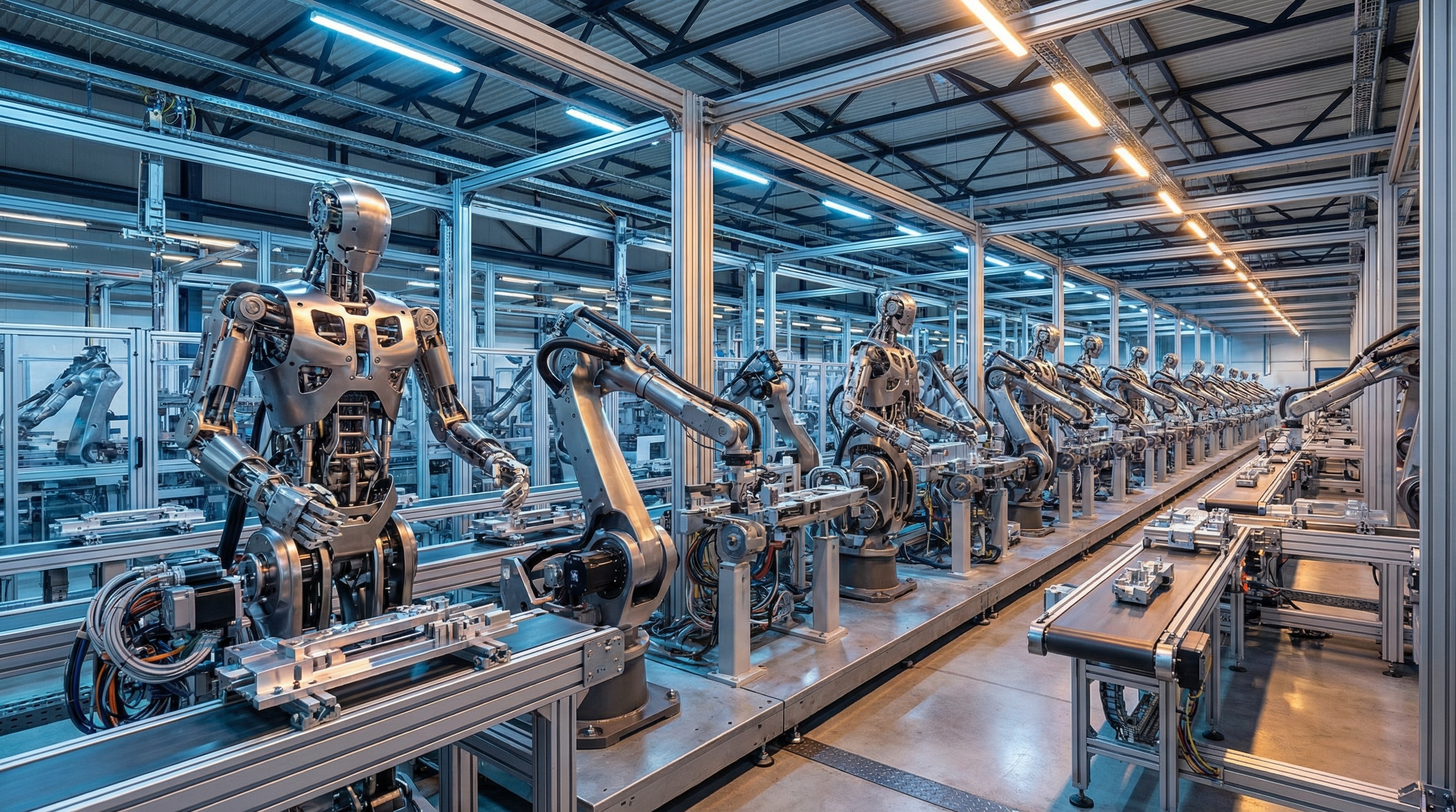 Rows of advanced robotic assembly stations with articulated mechanical arms extending along a vast industrial factory floor under dramatic overhead lighting