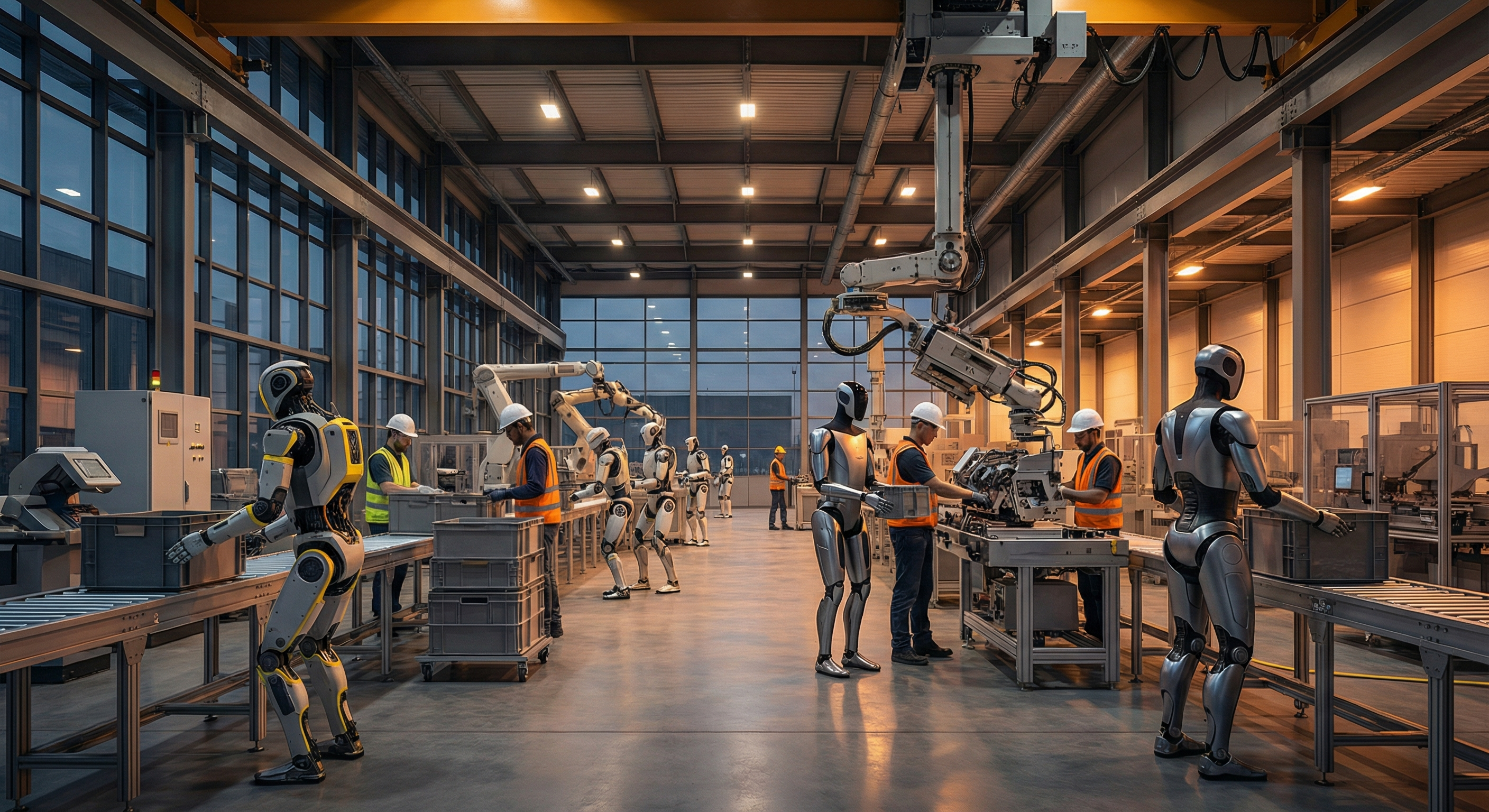 Advanced humanoid robots working in modern industrial facility