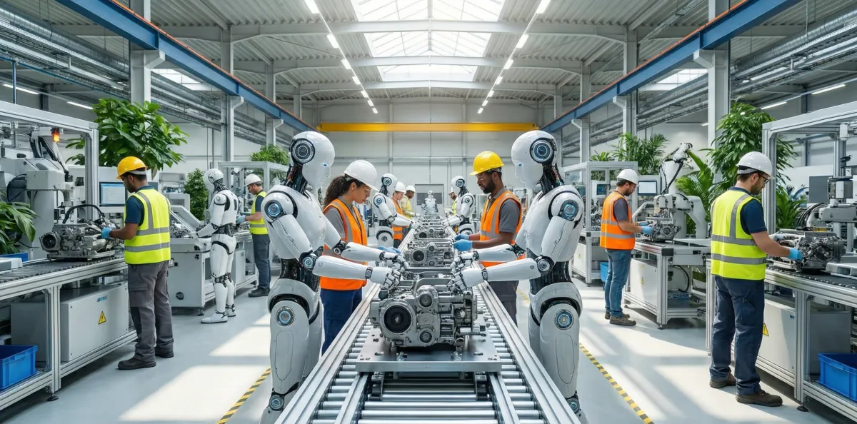 Humanoid robots working alongside humans in factory