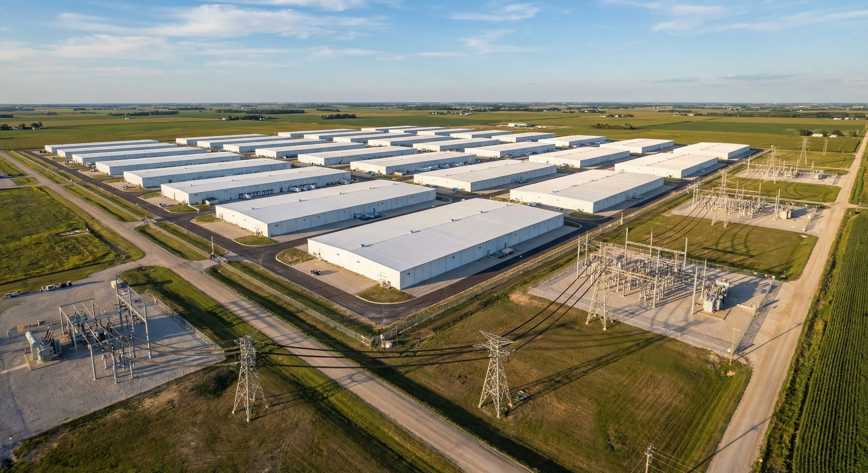 Aerial view of a vast hyperscale data center campus with dozens of warehouse-scale buildings, electrical substations, and high-voltage transmission towers on a flat midwestern landscape
