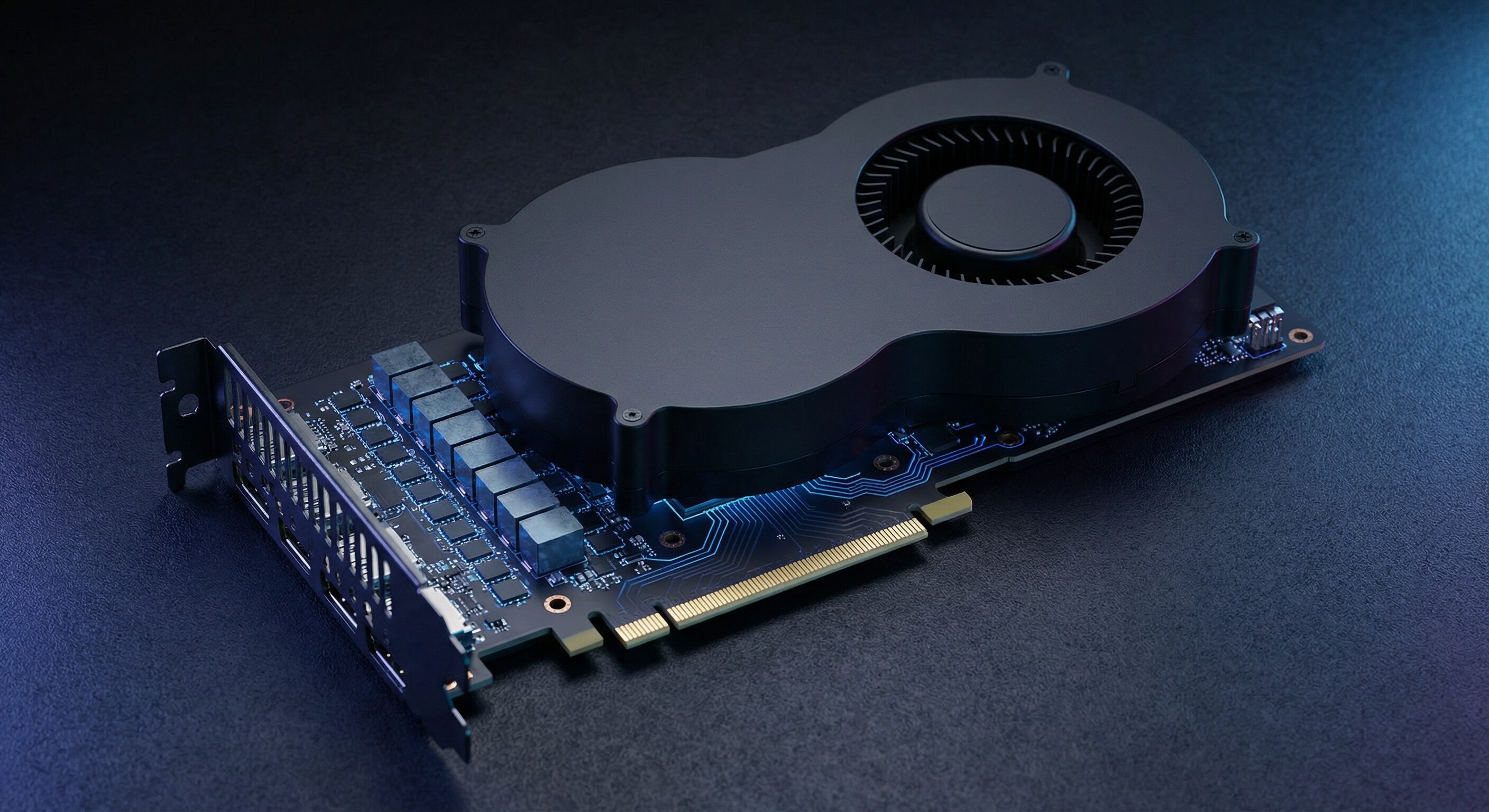 Professional AI workstation GPU card with large heatsink assembly and dual-slot cooling, circuit board detail with high-bandwidth memory modules under blue and violet accent lighting