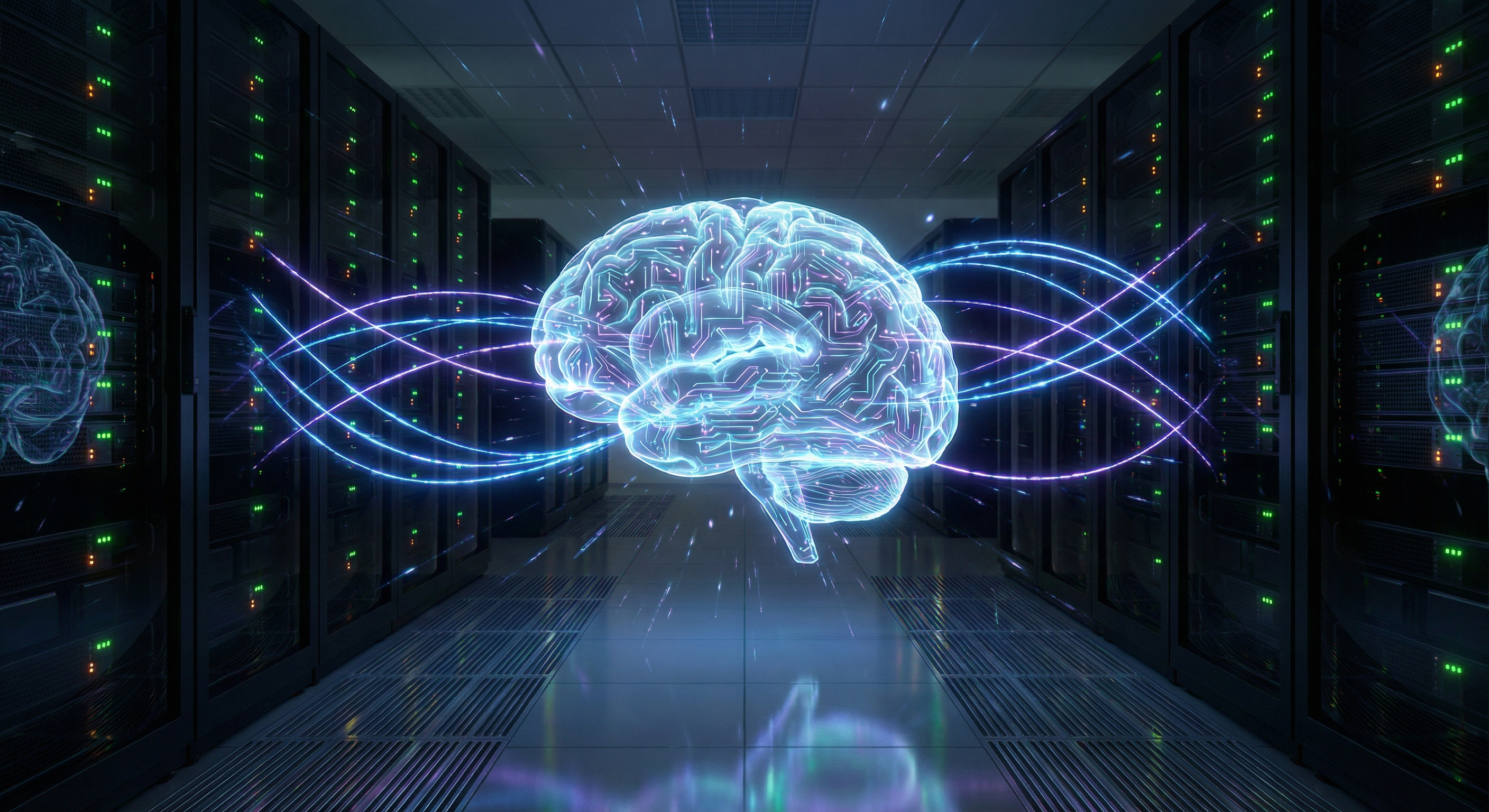 Glowing holographic brain-circuit hybrid floating in a dark server room surrounded by pulsing blue and violet light trails representing neural network data flows